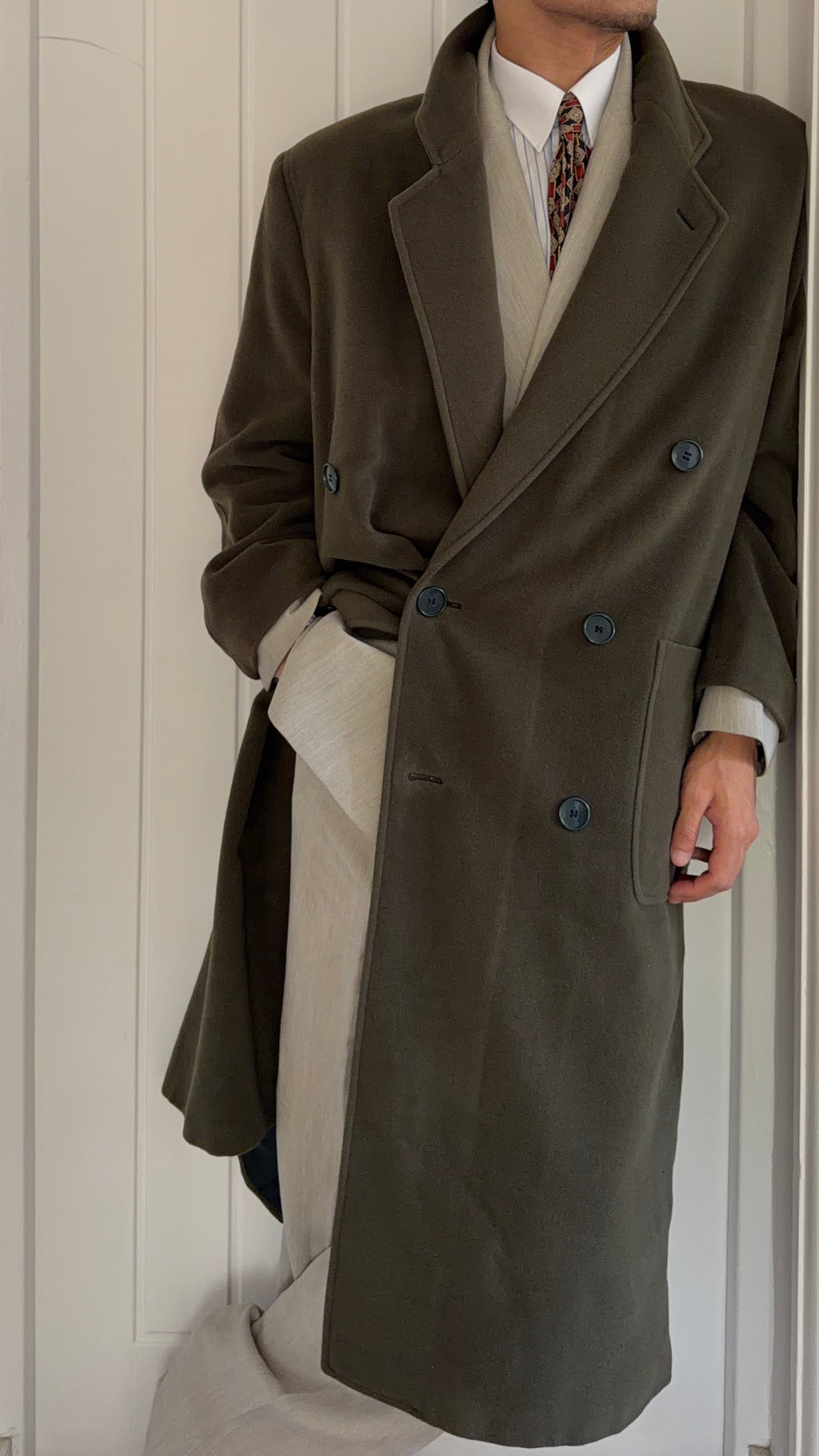 Giorgio Armani 1980s Double Breasted Long Wool Overcoat Green - Size M