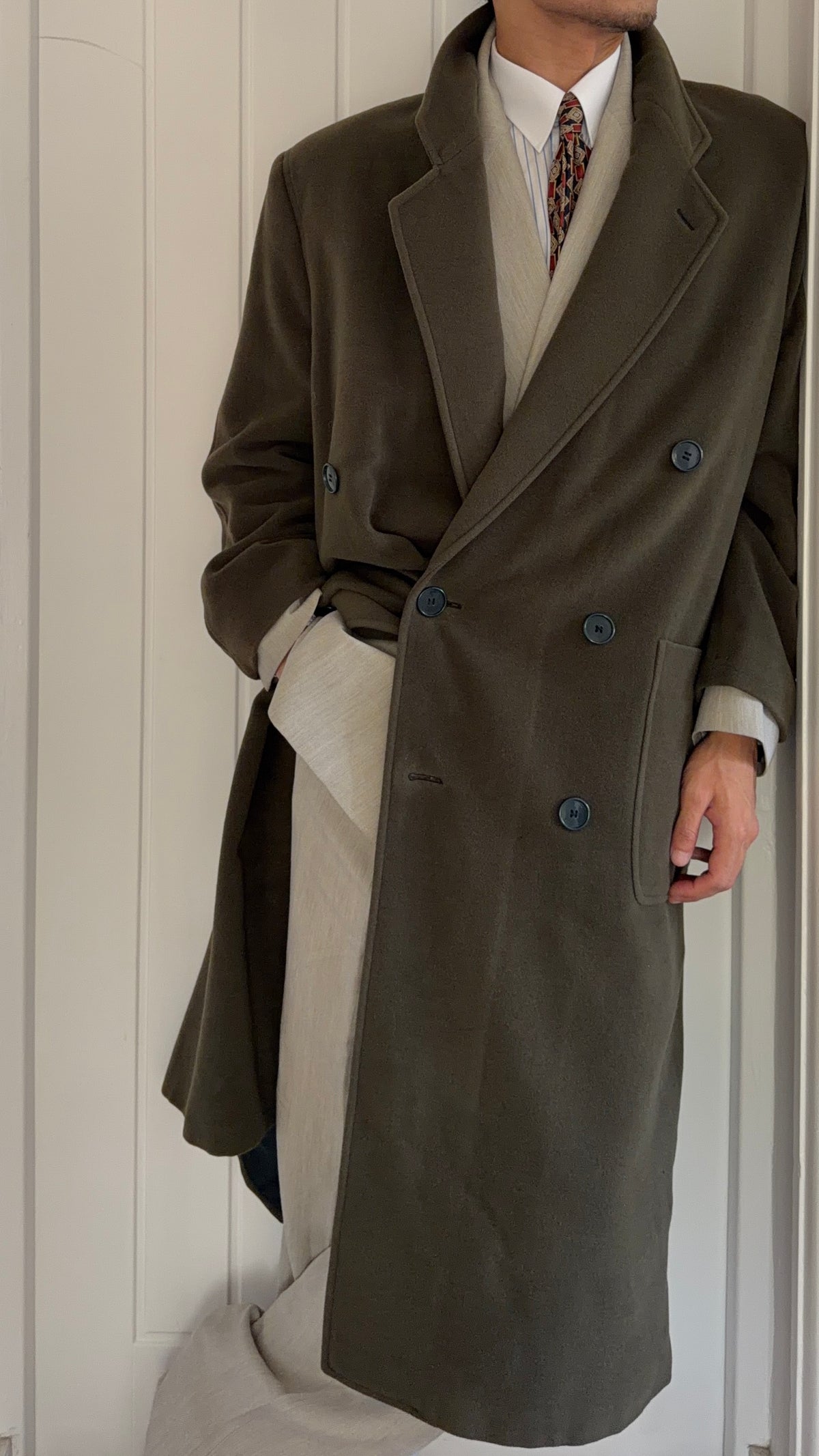 Giorgio Armani 1980s Double Breasted Long Wool Overcoat Green - Size M