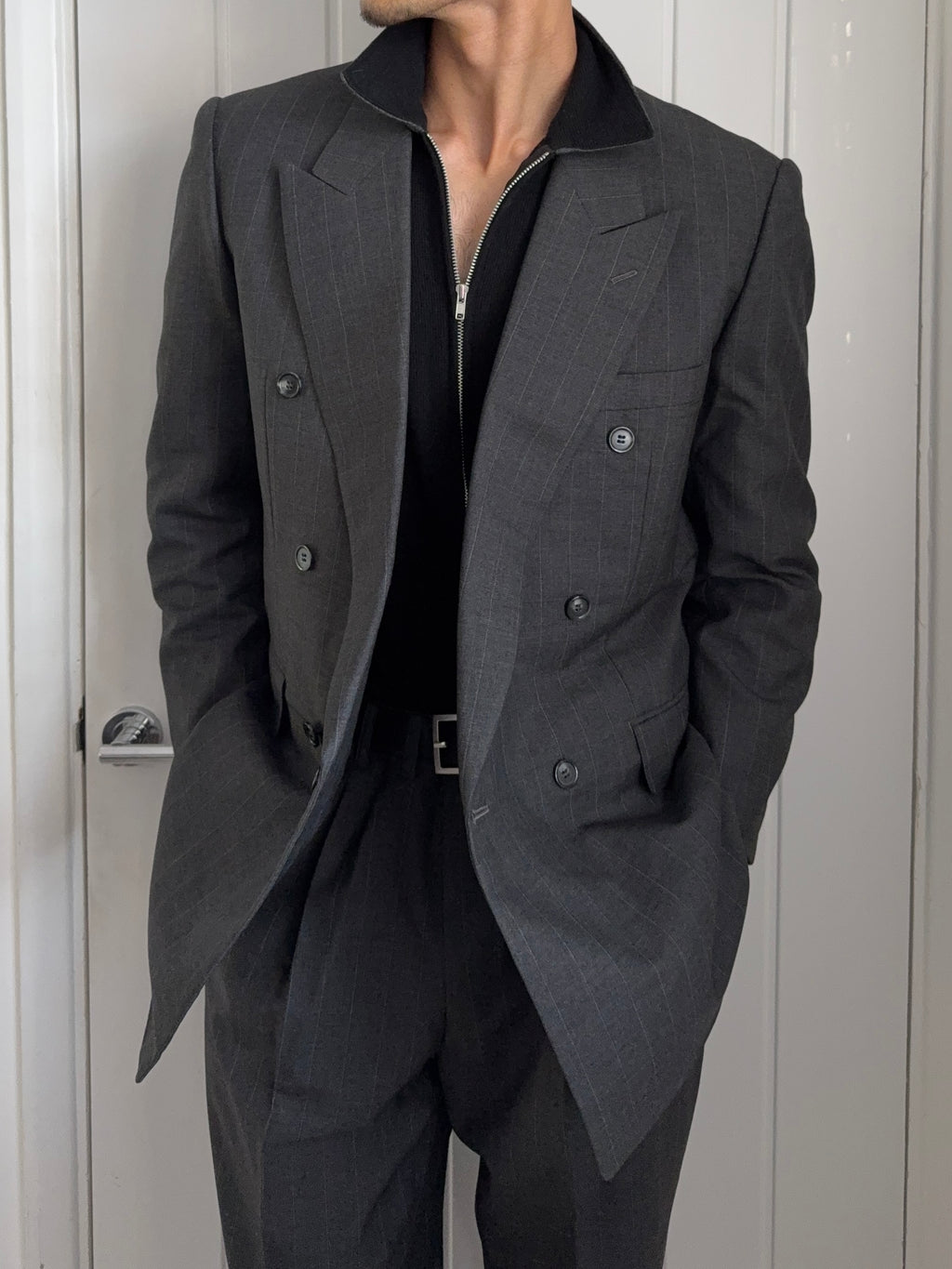 Yves Saint Laurent 1990s Double-Breasted Pleated Striped Grey Wool Suit - Size L Jacket / 32" Waist