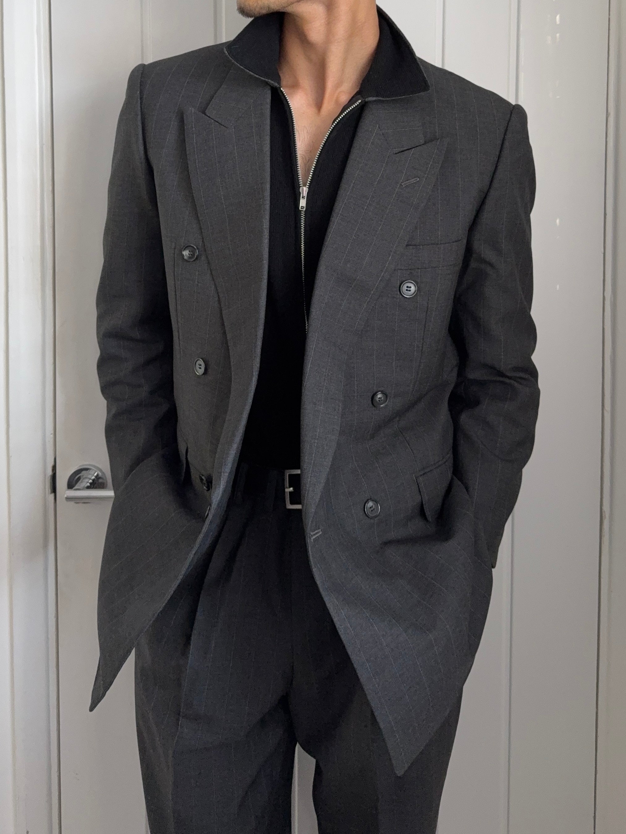 Yves Saint Laurent 1990s Double-Breasted Pleated Striped Grey Wool Suit - Size L Jacket / 32" Waist
