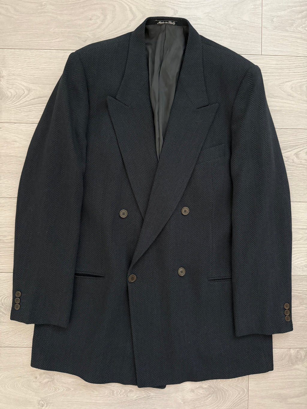 Armani Mani 1980s Peaked Lapel Double Breasted Herringbone Wool Sport Jacket Blazer - Size XXL