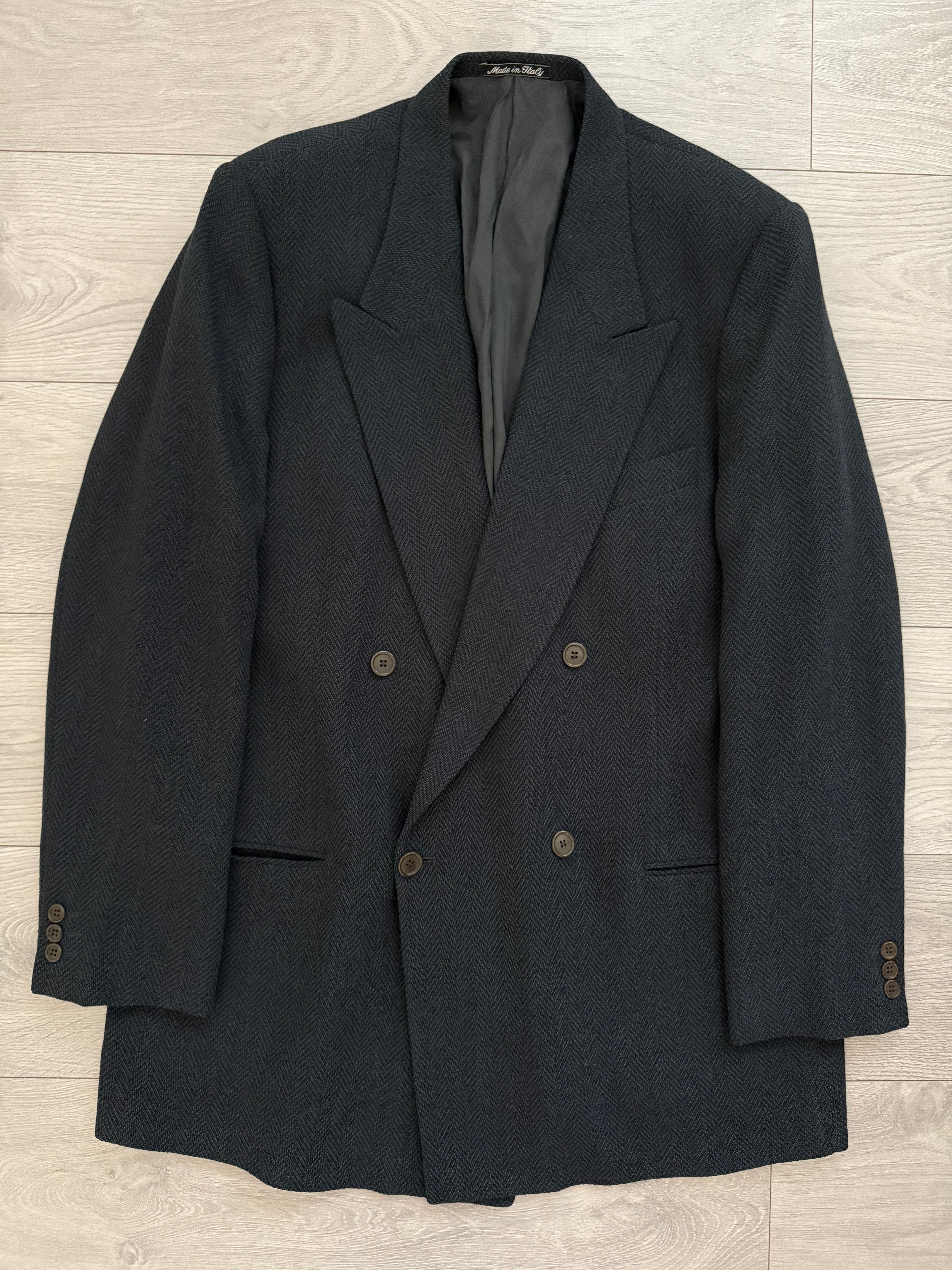 Armani Mani 1980s Peaked Lapel Double Breasted Herringbone Wool Sport Jacket Blazer - Size XXL
