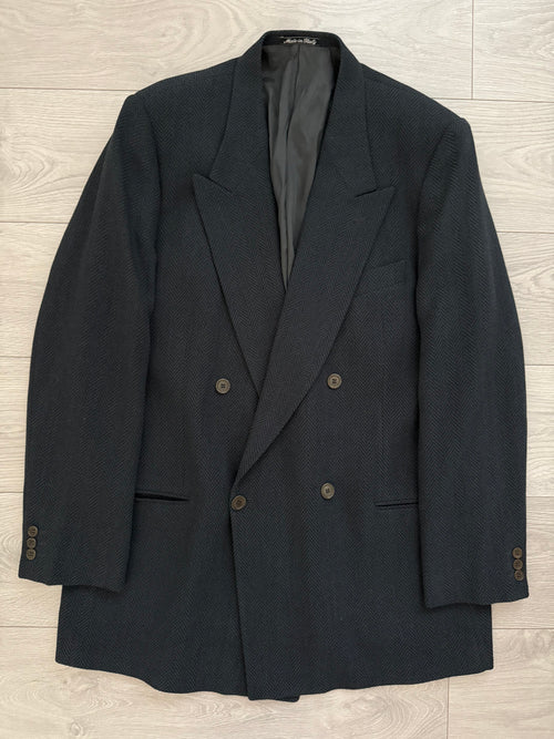 Armani Mani 1980s Peaked Lapel Double Breasted Herringbone Wool Sport Jacket Blazer - Size XXL