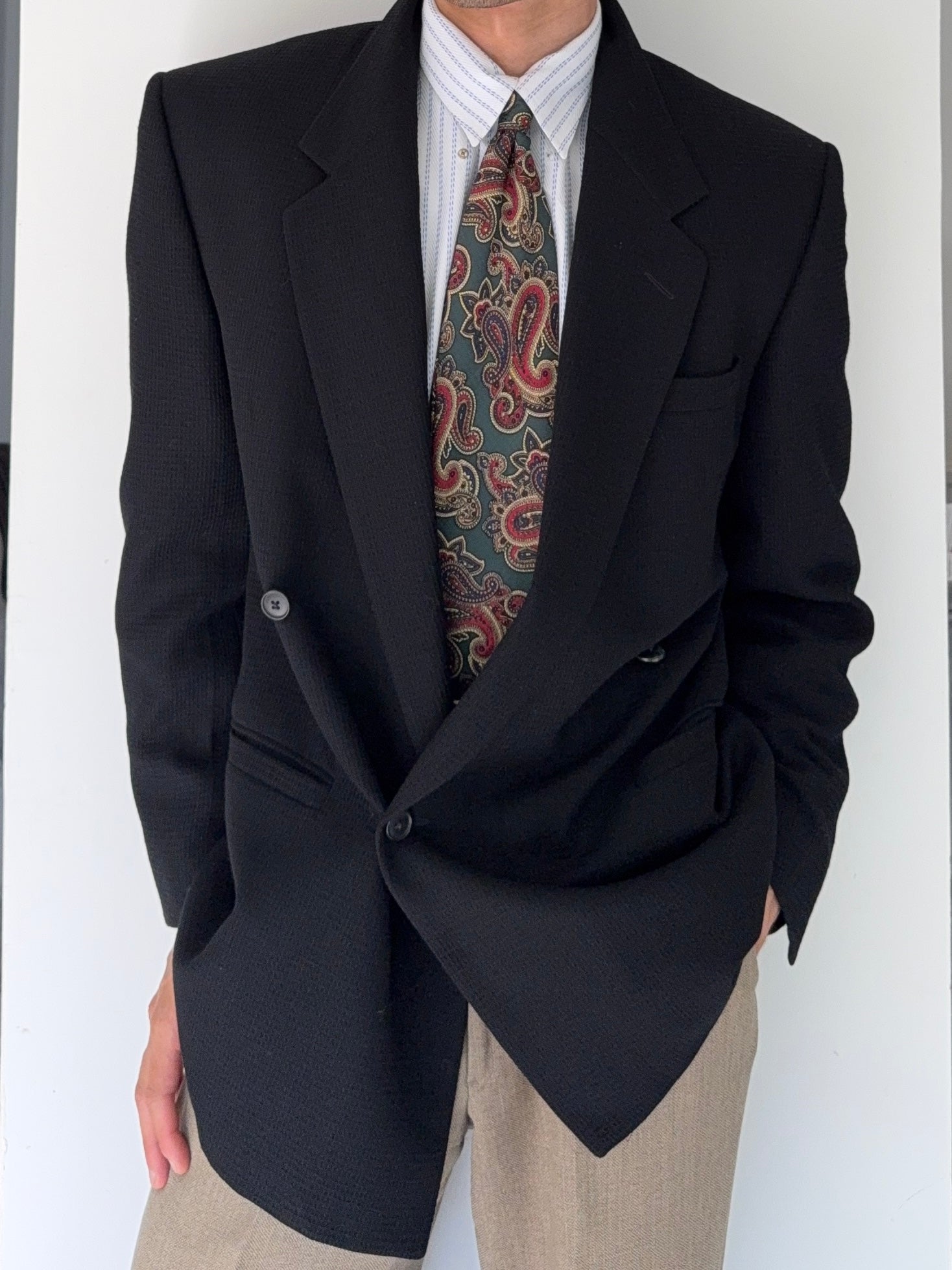 Versace 1980s Double Breasted Notch Lapel Textured Wool Sports Blazer Jacket Black - Size M