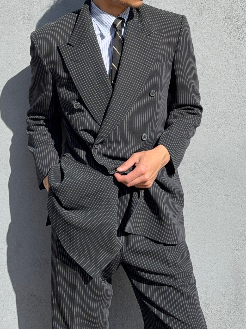 Valentino 1980s 6B Double Breasted Wool Pinestripe Power Suit - Size M Jacket / 32" Waist