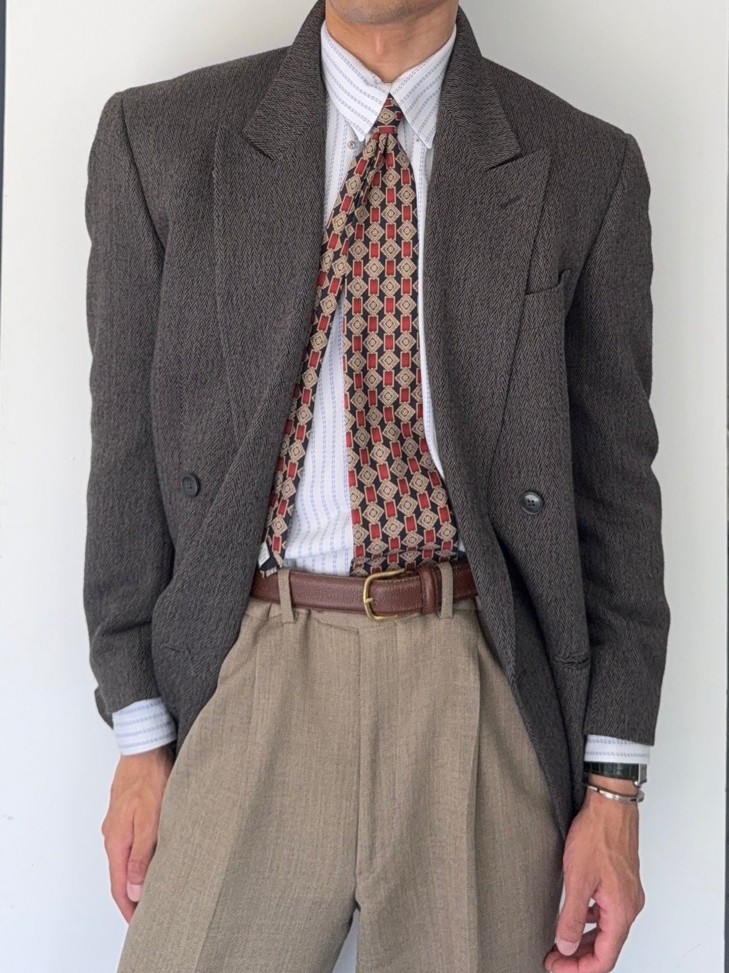 Giorgio Armani Mainline 1980s Chevron Herringbone Double Breasted Wool Sports Jacket Blazer - Size S