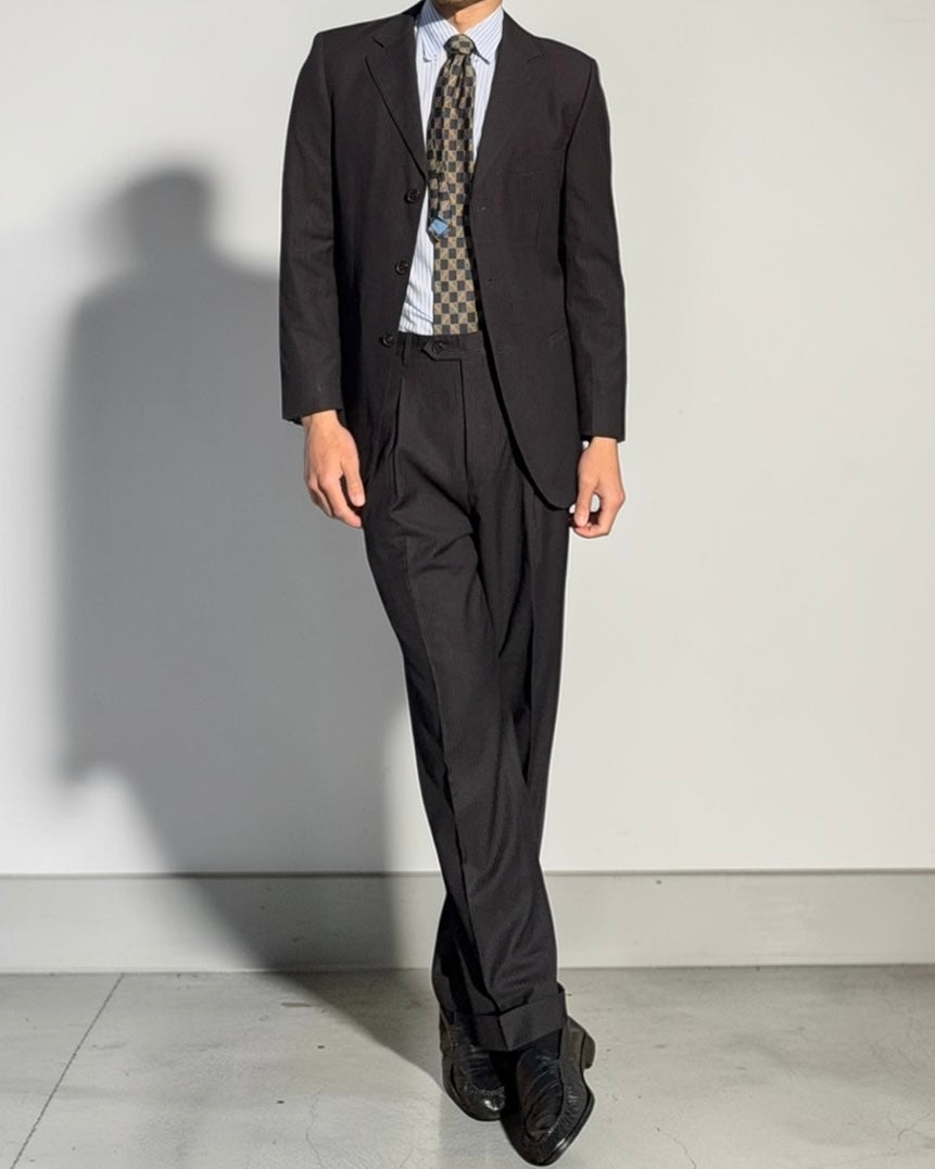 Armani 1990s Pinstriped Pleated Wool Black Suit - Size S Jacket / 30" Waist