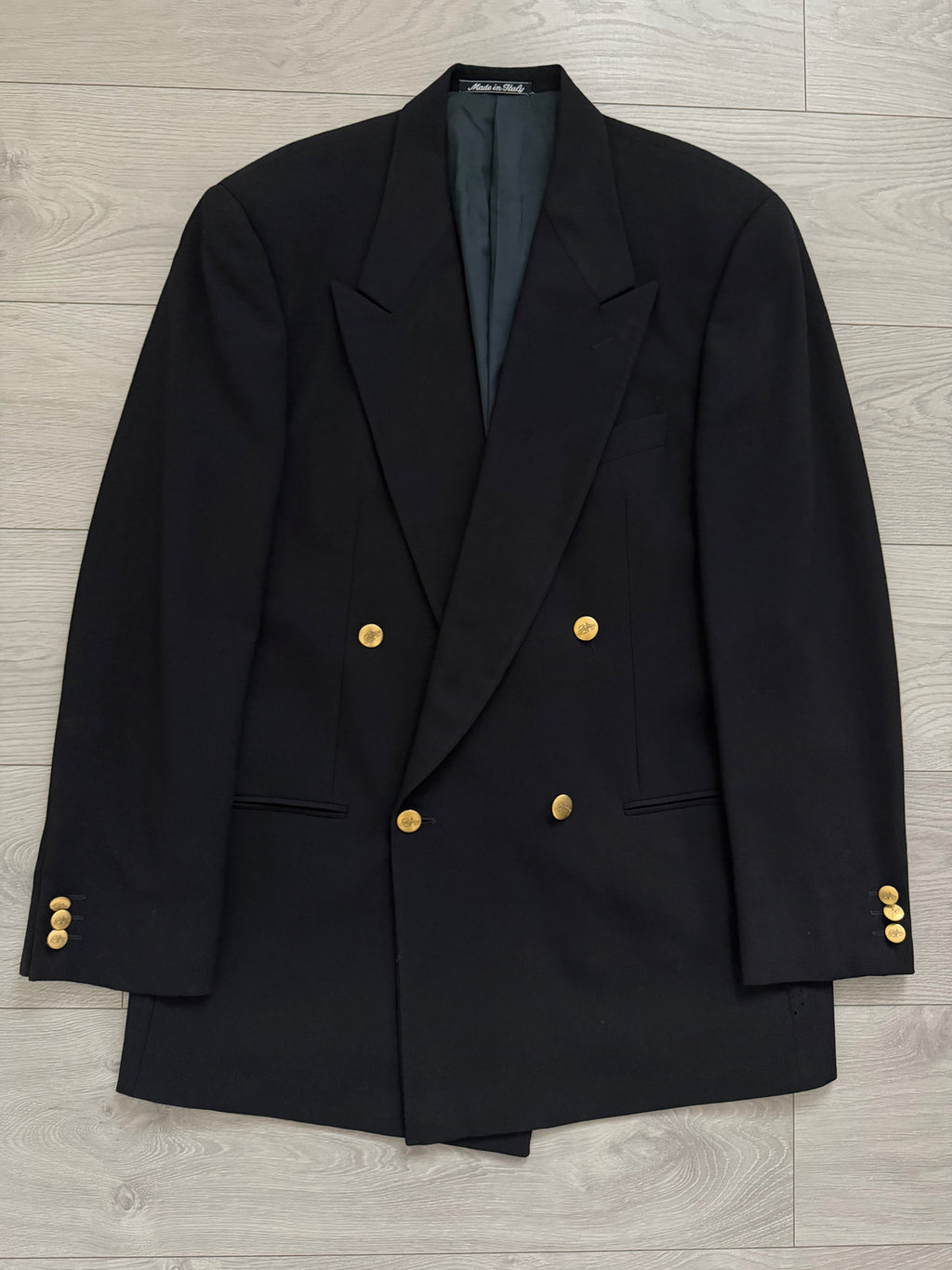 Giorgio Armani 1980s Peaked Lapel Double Breasted Metal Button Wool Sport Jacket Blazer Black  - Size L
