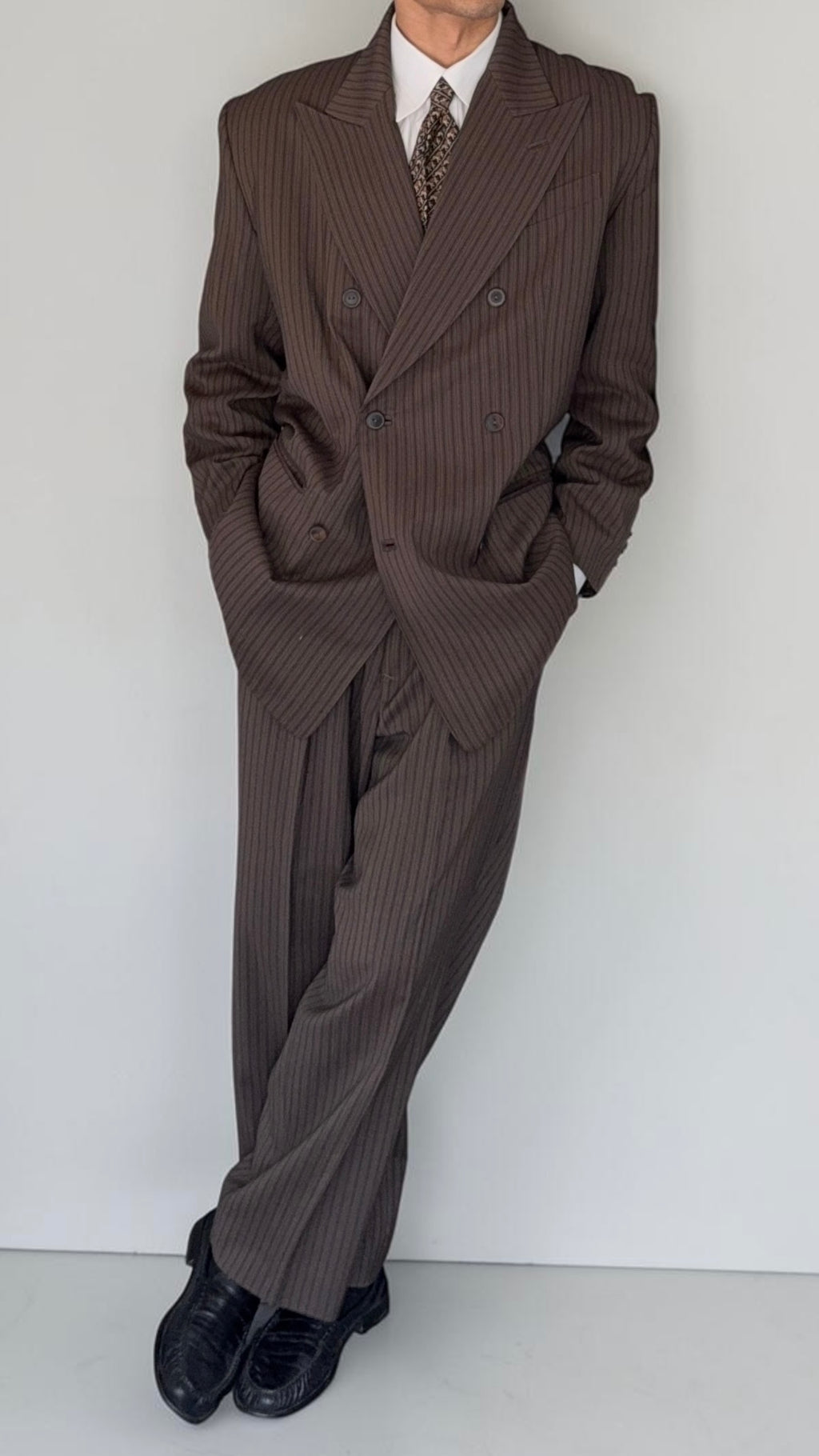 Jean Paul Gaultier 1990s Peaked Lapel Double Breasted Pleated Textured Suit - Size XL Jacket / 34" Waist