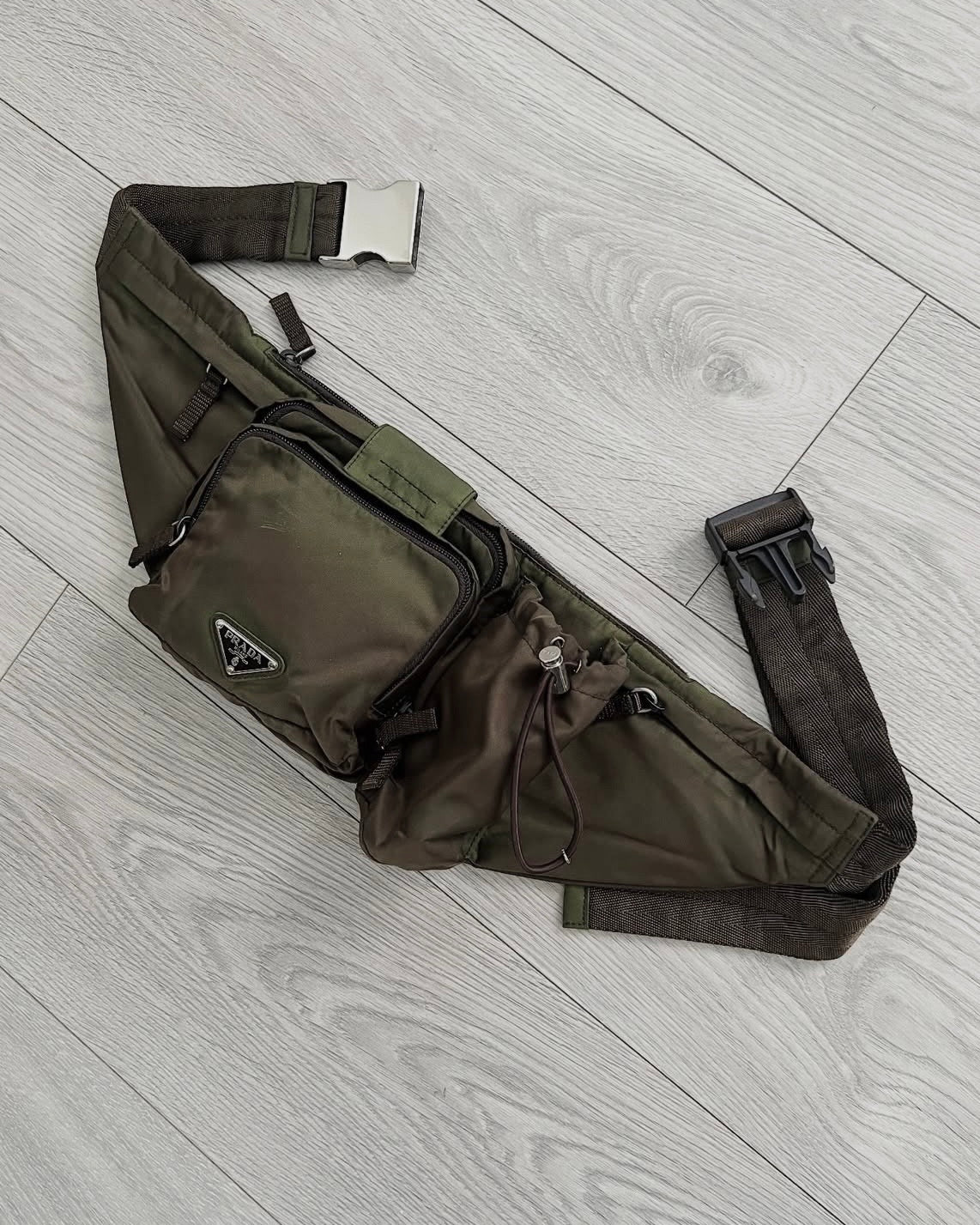 Prada Vela Nylon Metal Plaque Multi-Pocket Waist Crossbody Bag