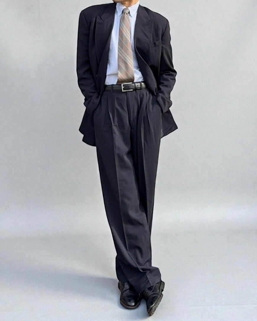 Giorgio Armani 1990s Double Breasted Pleated Navy Wool Suit  - Size L Jacket / 33" Waist