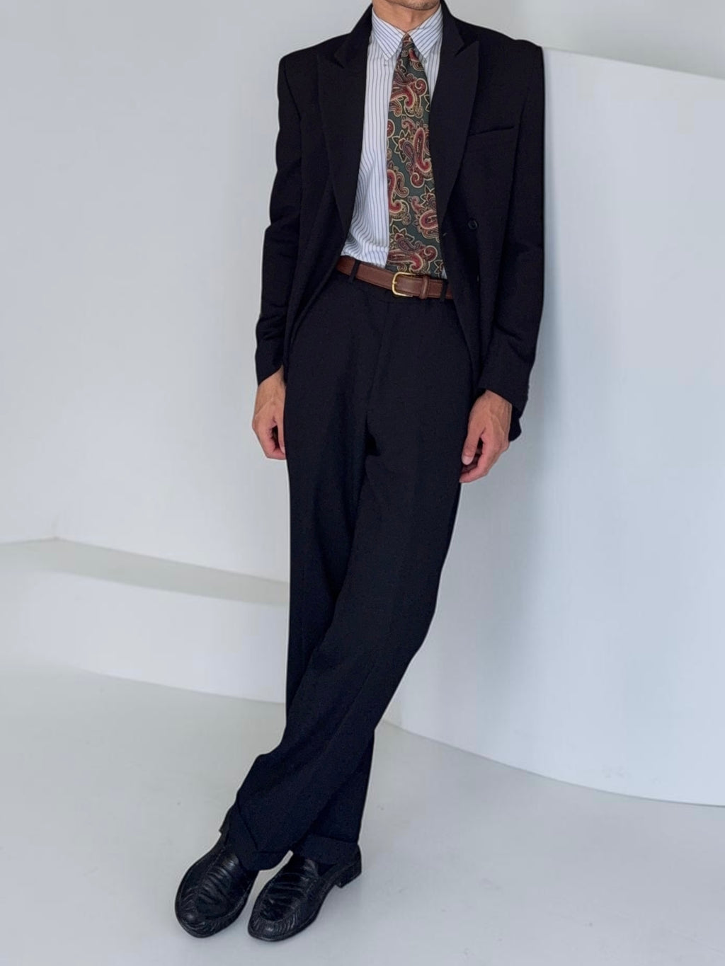Emporio Armani 1990s 6B Peaked Lapel Double Breasted Herringbone Wool Suit Navy - Size S Jacket / 30" Waist