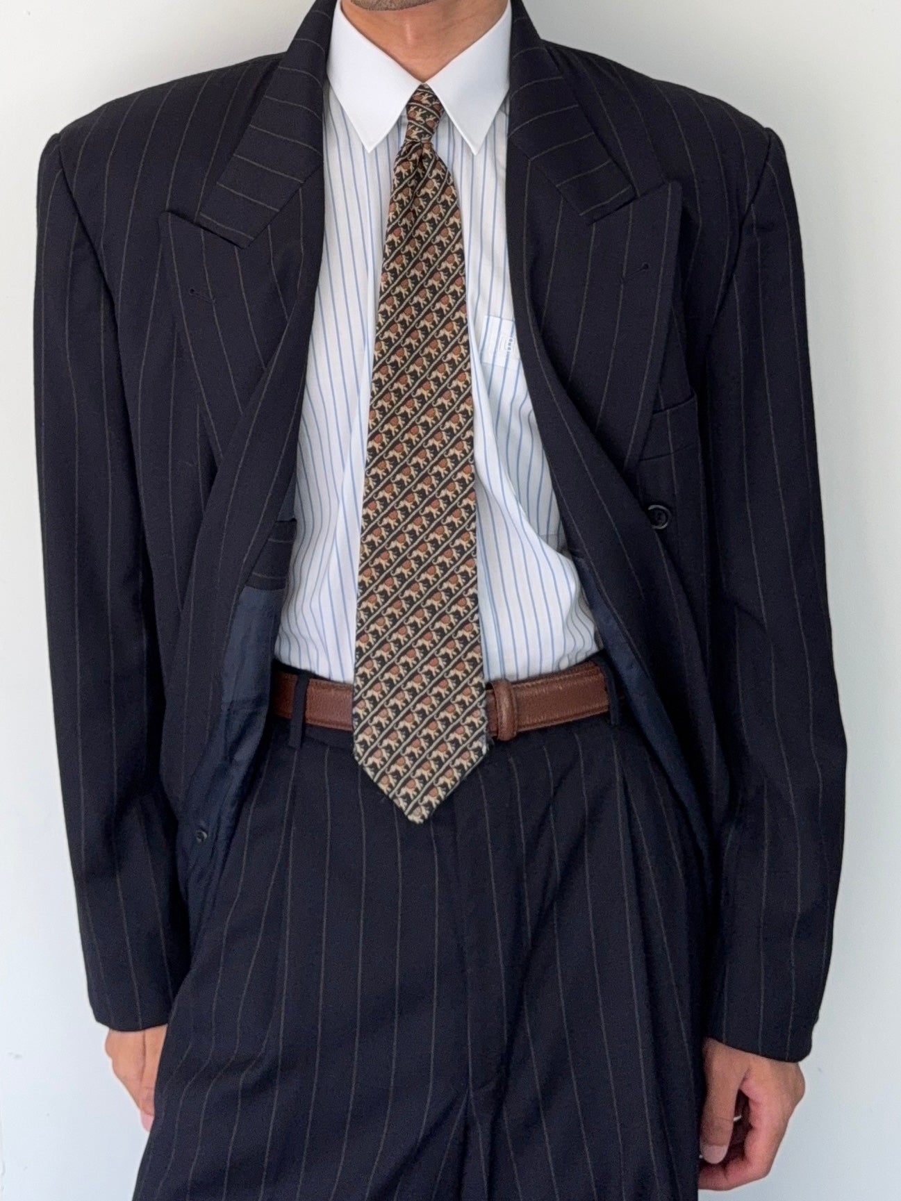 Hugo Boss 1980s 'Al Capone' Peak Lapel Double Breasted Pleated Striped Navy Suit - Size XXL Jacket / 36" Waist