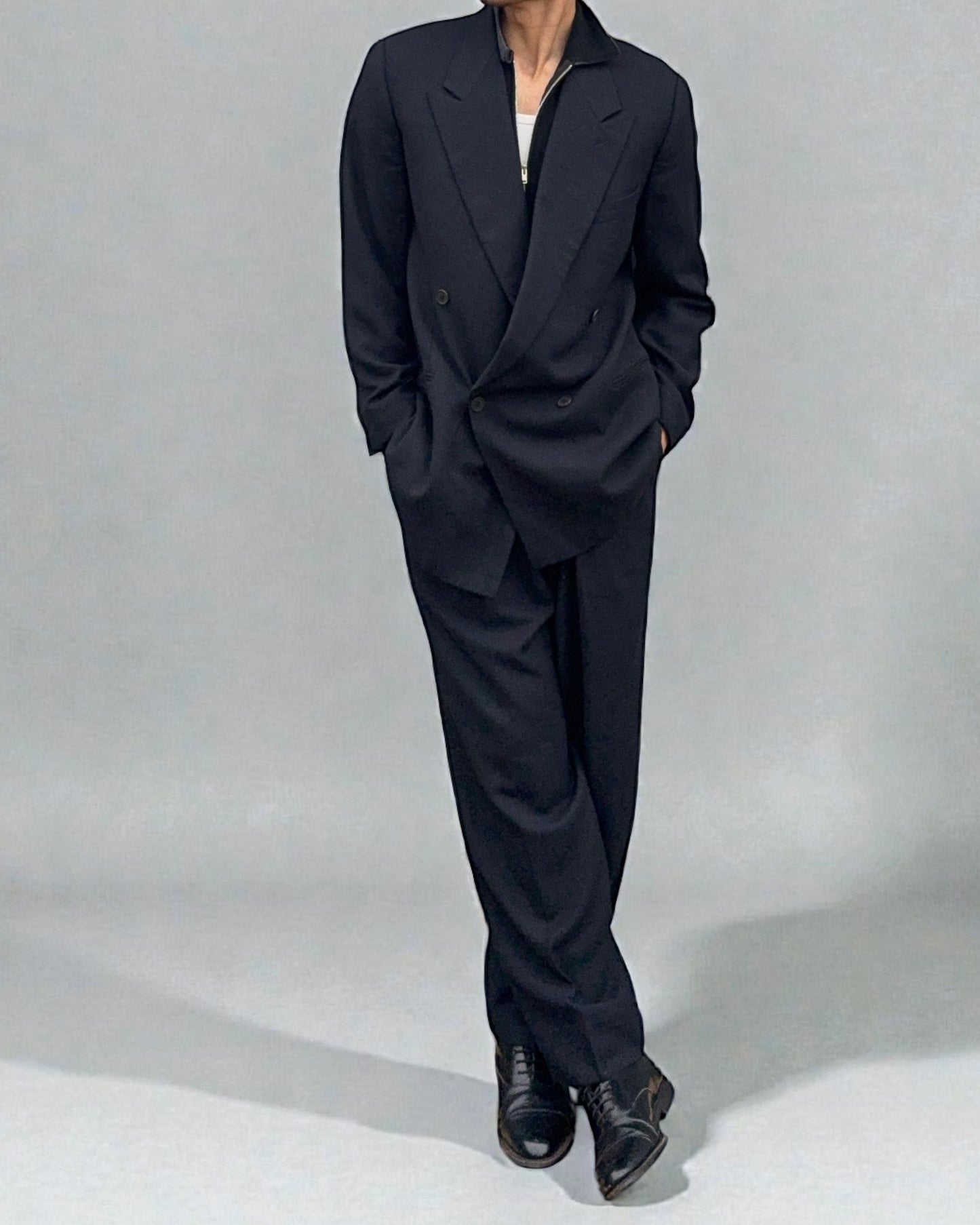 Giorgi Armani 1980s Pleated Double-Breasted Textured Suit - Size L Jacket / 34" Waist