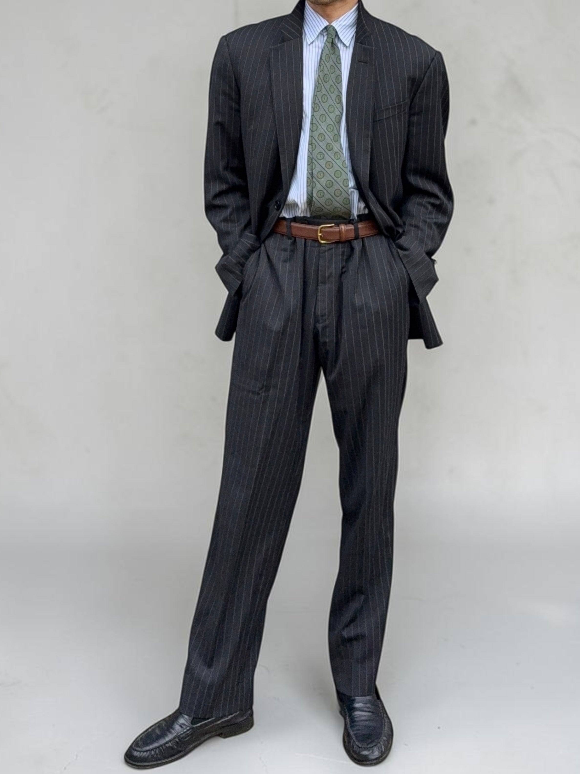 Armani 1990s 2B Charcoal Grey Striped Wool Suit - Size XXL Jacket / 38" Waist
