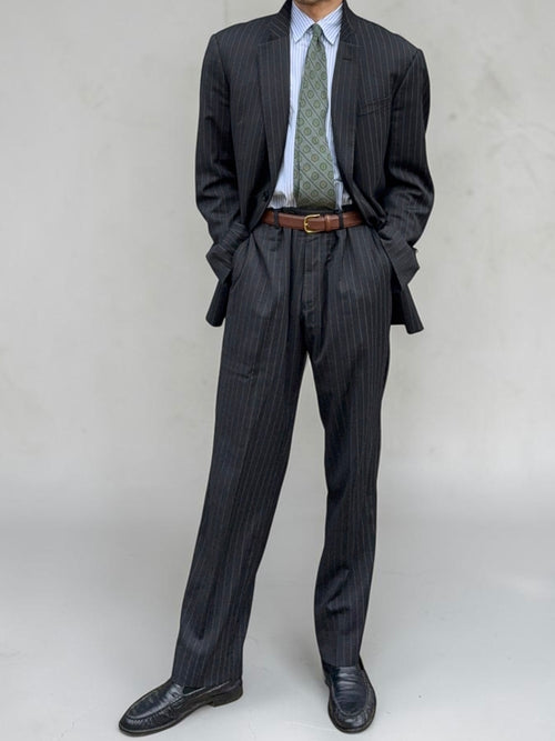 Armani 1990s 2B Charcoal Grey Striped Wool Suit - Size XXL Jacket / 38" Waist