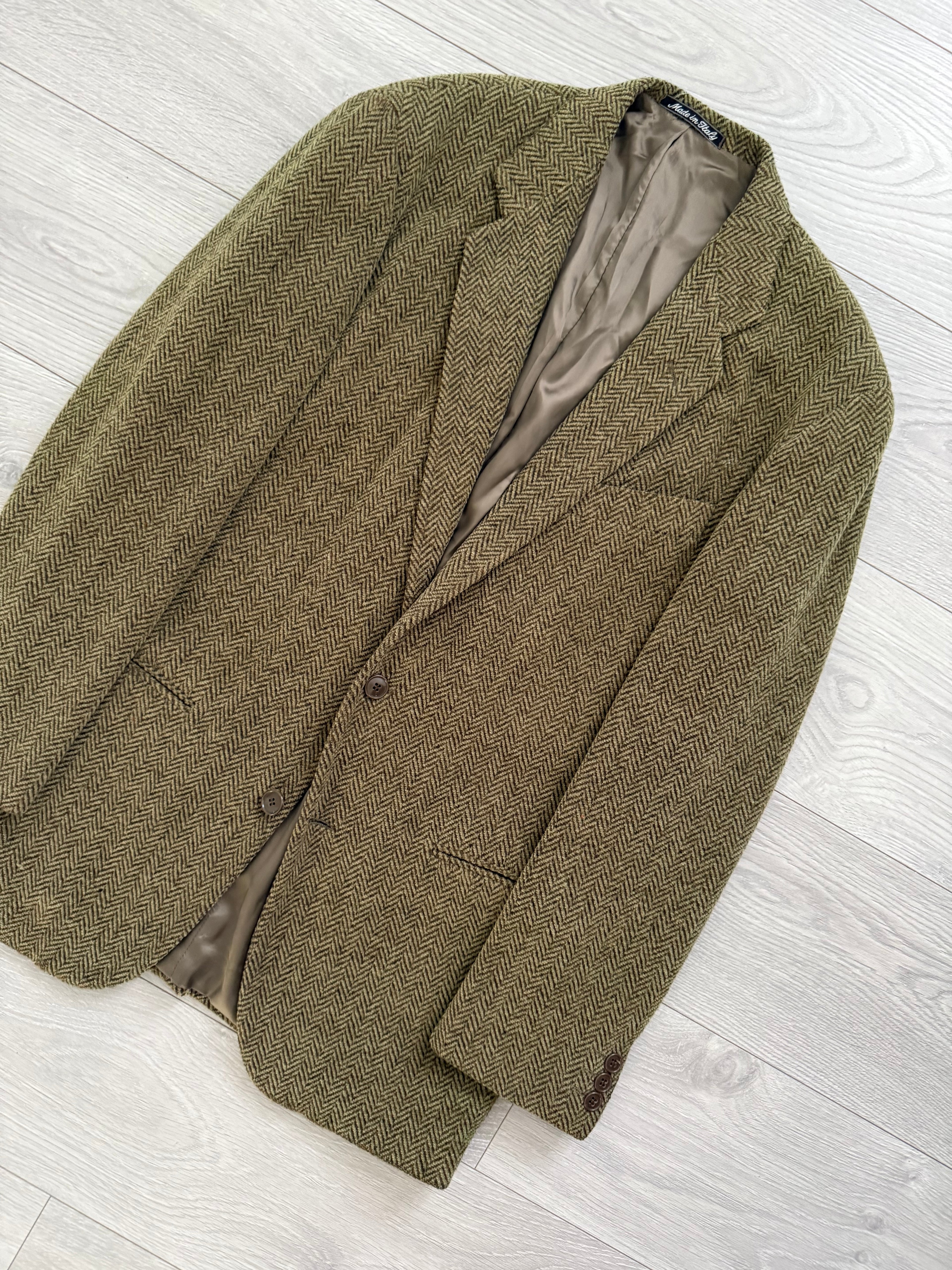 Emporio Armani 1990s 2B Herringbone Wool Textured Green Brown Sports Blazer Jacket - Size M