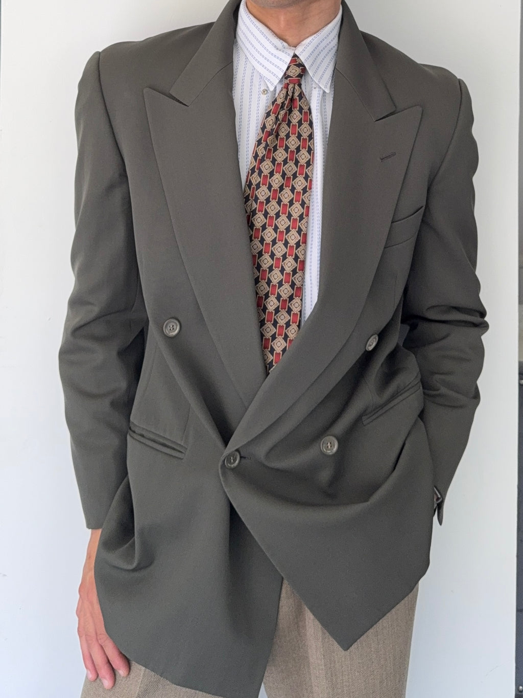 Emporio Armani 1980s Peaked Lapel Double Breasted Wool Sports Jacket Blazer Green - Size S
