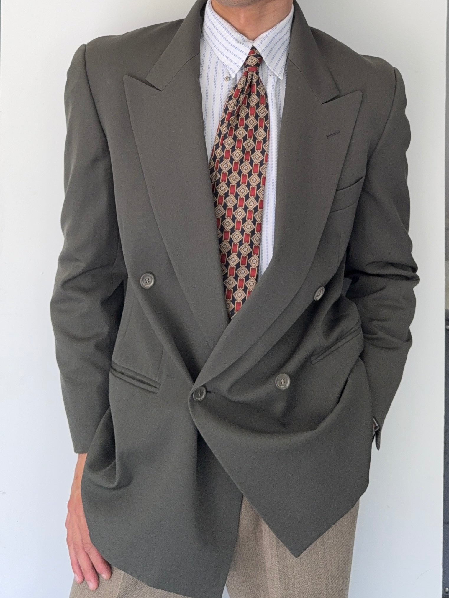 Emporio Armani 1980s Peaked Lapel Double Breasted Wool Sports Jacket Blazer Green - Size S