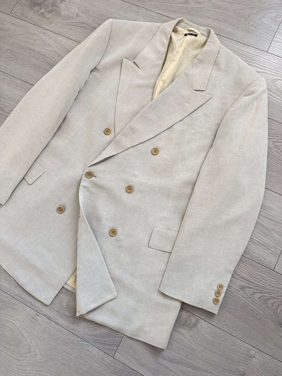 Giorgio Armani Black Label 1994 Peaked Lapel Double Breasted Rayon Linen Sport Jacket Blazer Mushroom Taupe - Size XXL