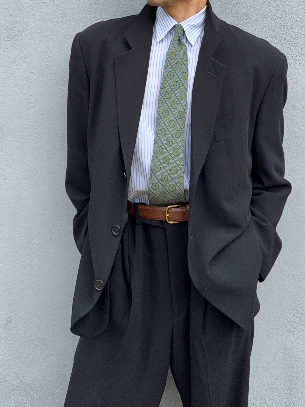 Giorgio Armani Black Label 1990s 3B Relaxed Draped Wool Suit Black - Size XL Jacket / 36" Waist