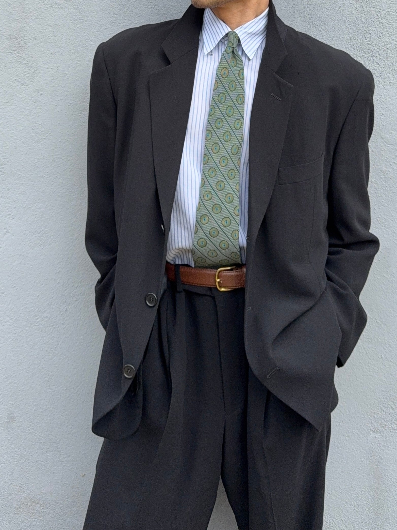 Giorgio Armani Black Label 1990s 3B Relaxed Draped Wool Suit Black - Size XL Jacket / 36" Waist
