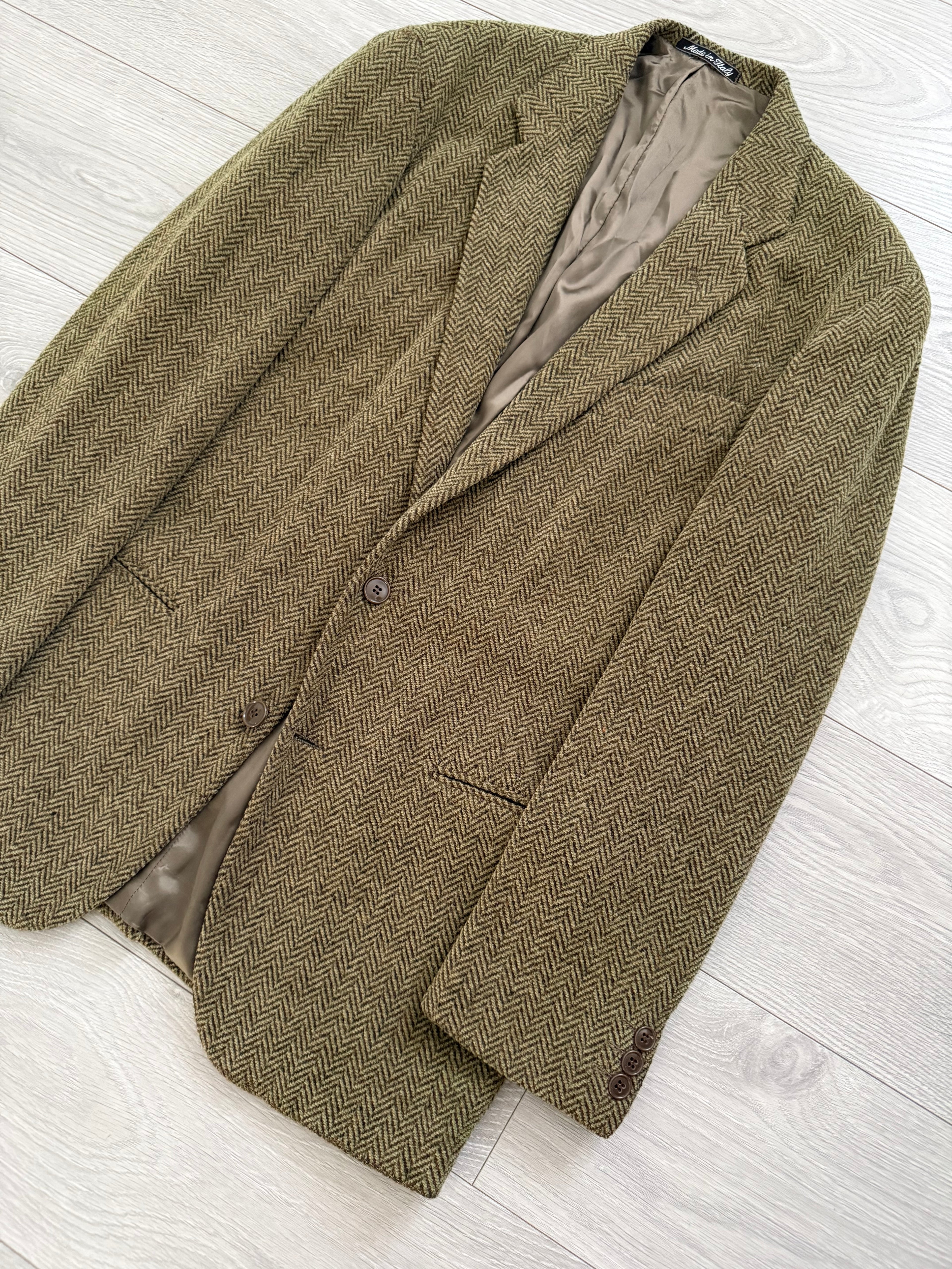 Emporio Armani 1990s 2B Herringbone Wool Textured Green Brown Sports Blazer Jacket - Size M
