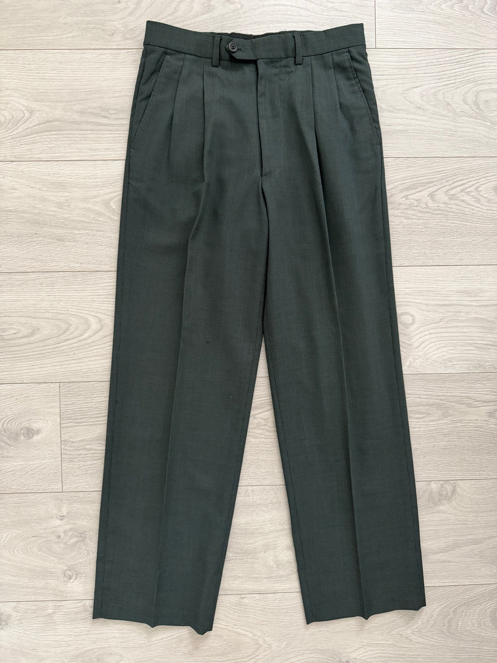 Giorgio Armani 1980s Peaked Lapel Double Breasted Pleated Textured Wool Suit Green - Size S Jacket / 30" Waist