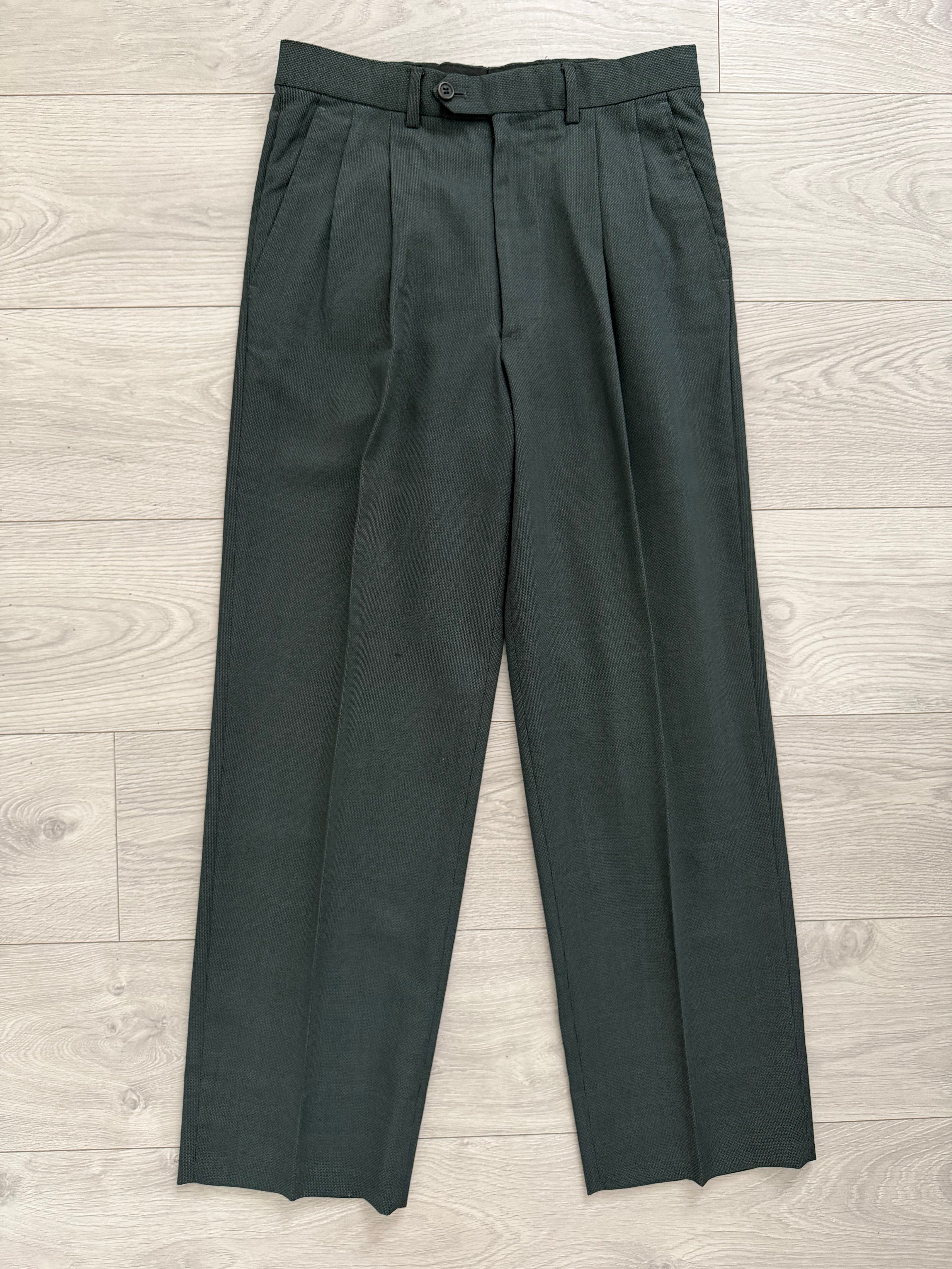 Giorgio Armani 1980s Peaked Lapel Double Breasted Pleated Textured Wool Suit Green - Size S Jacket / 30" Waist