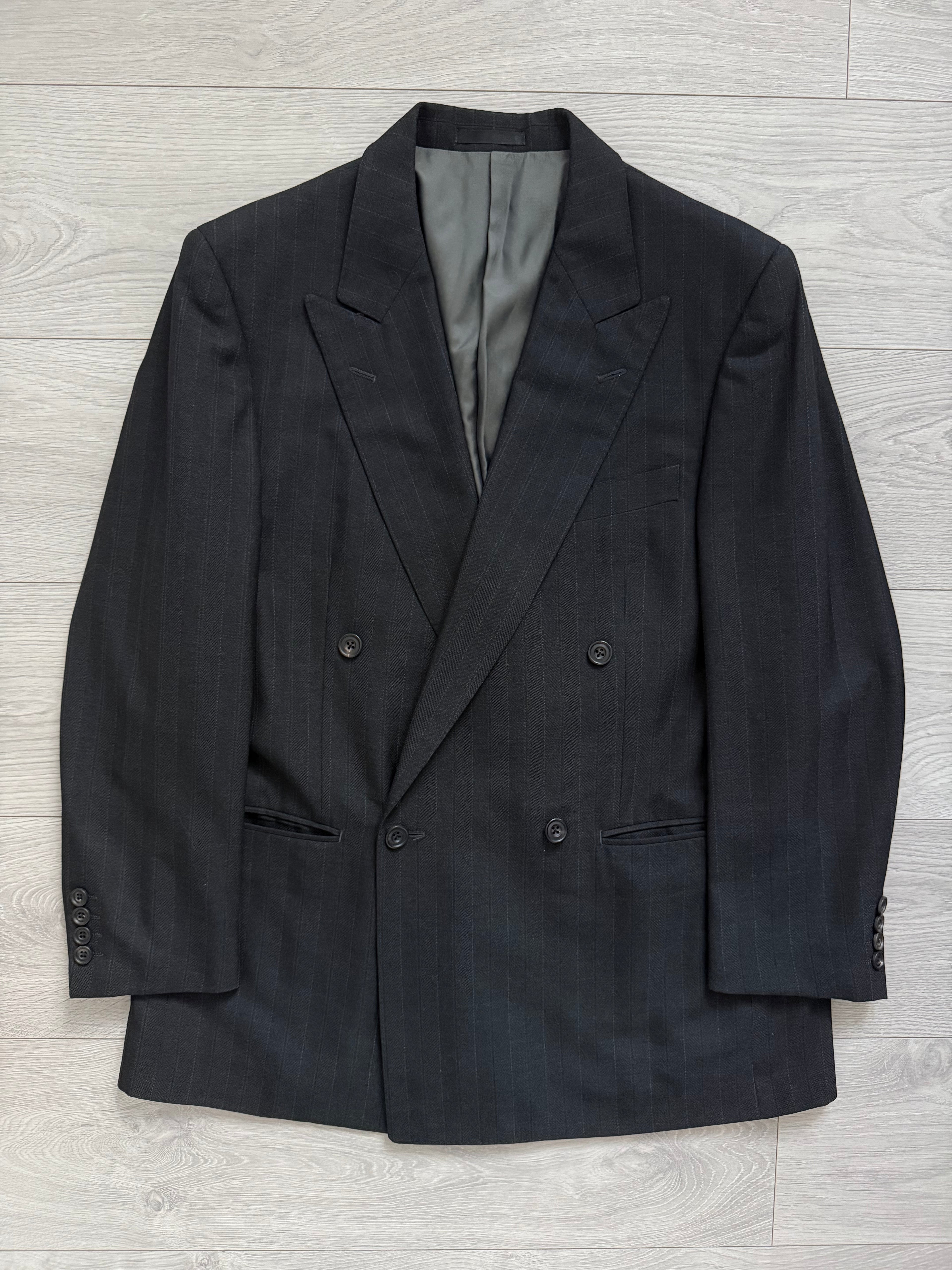 Burberry 1990s Peak Lapel Double Breasted Pleated Black Grey Suit - Size M Jacket / 32" Waist