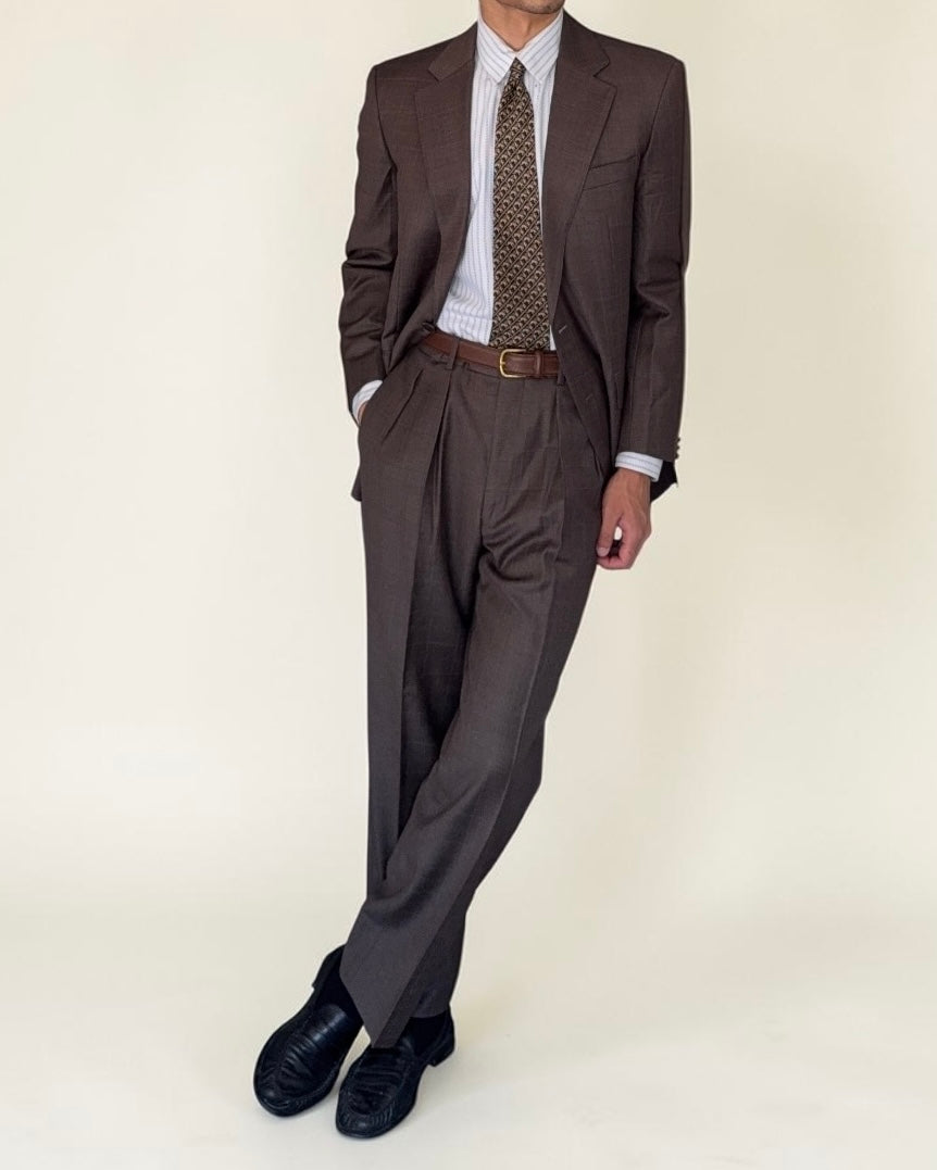 Burberry 1990s 2B Zegna Wool Check Double-Pleat Brown Suit - Size M Jacket / 33" Waist