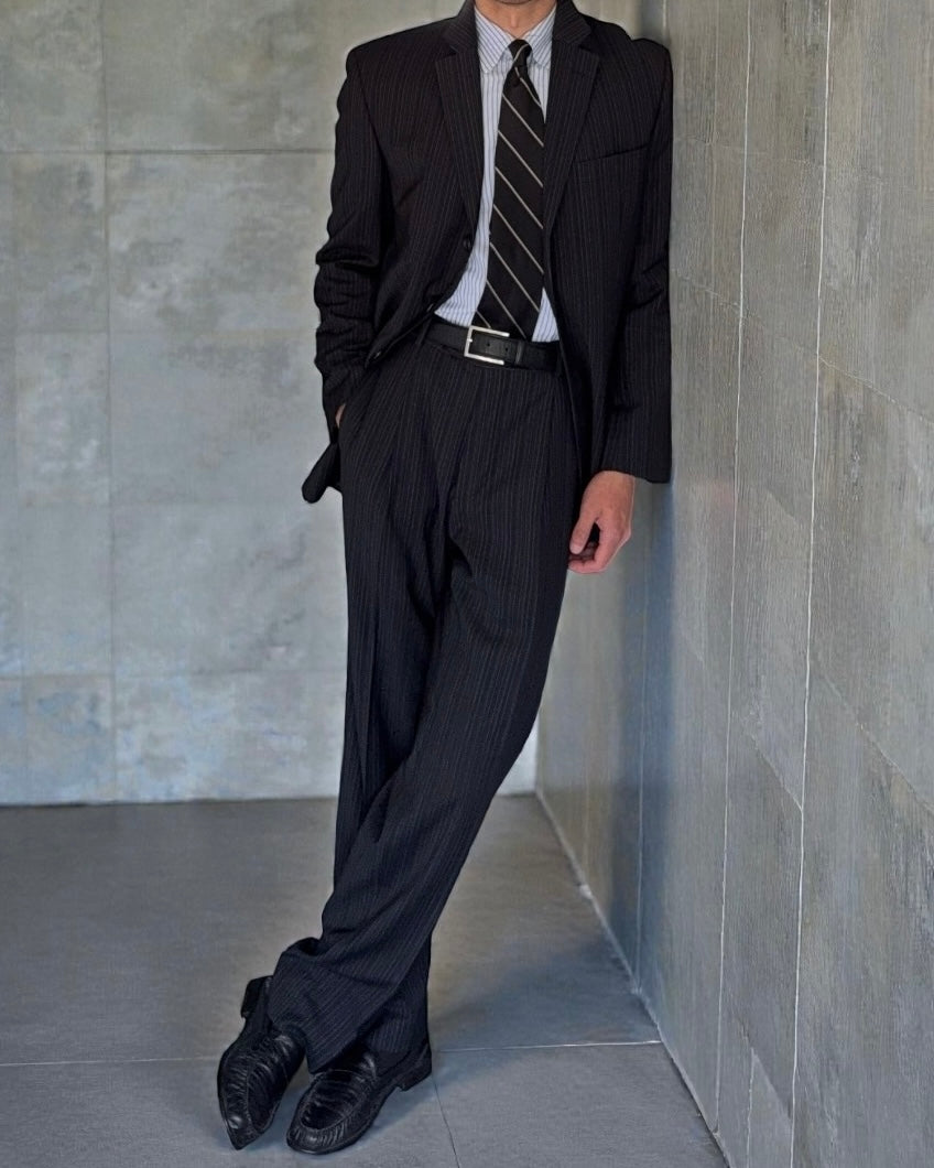 Hugo Boss 1990s 'Sigma' Striped Pleated Wool Suit Made in USA - Size M Jacket / 32" Waist