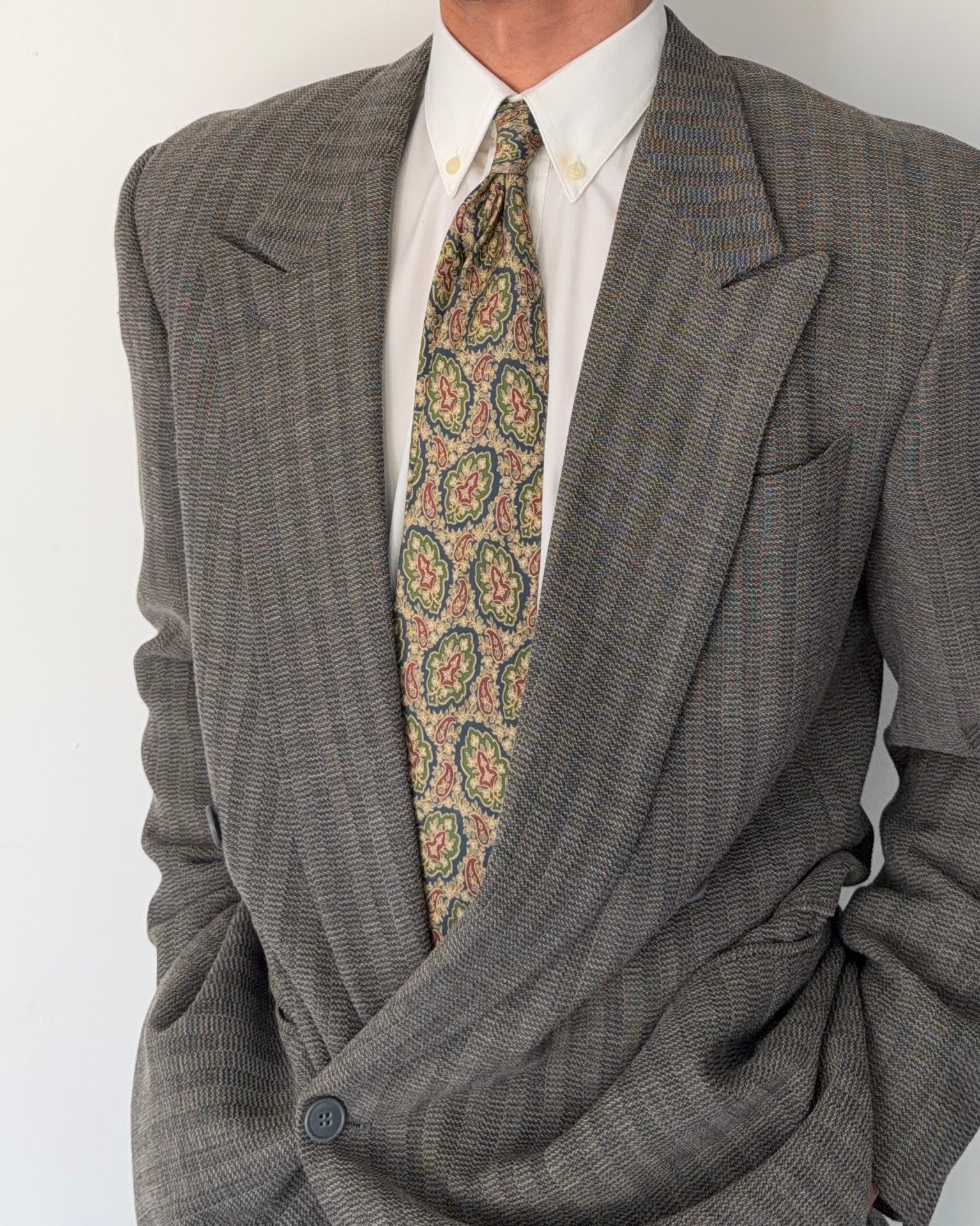 Emporio Armani 1980s Peaked Lapel Double Breasted Textured Wool Pleated Suit - Size S Jacket / 28" Waist