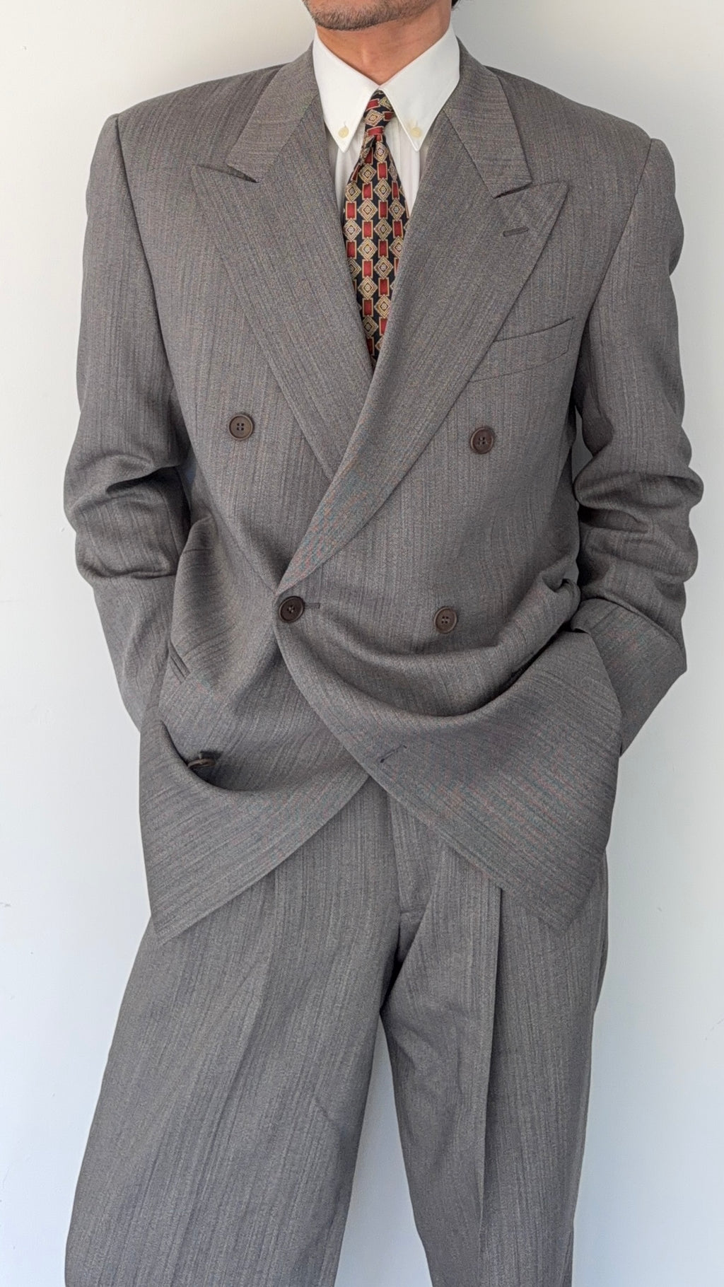 Giorgio Armani 1980s Peaked Lapel Double Breasted Herringbone Wool Grey Suit - Size M Jacket / 32" Waist