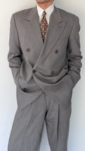 Giorgio Armani 1980s Peaked Lapel Double Breasted Herringbone Wool Grey Suit - Size M Jacket / 32" Waist