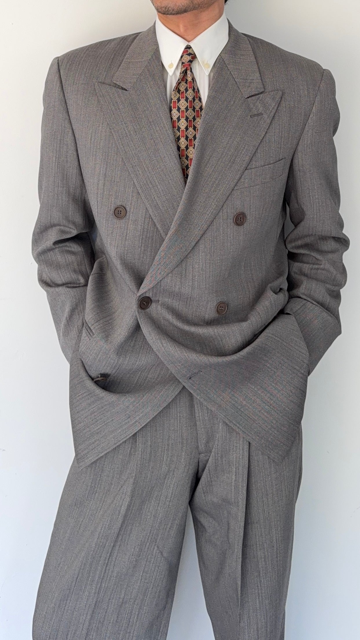 Giorgio Armani 1980s Peaked Lapel Double Breasted Herringbone Wool Grey Suit - Size M Jacket / 32" Waist