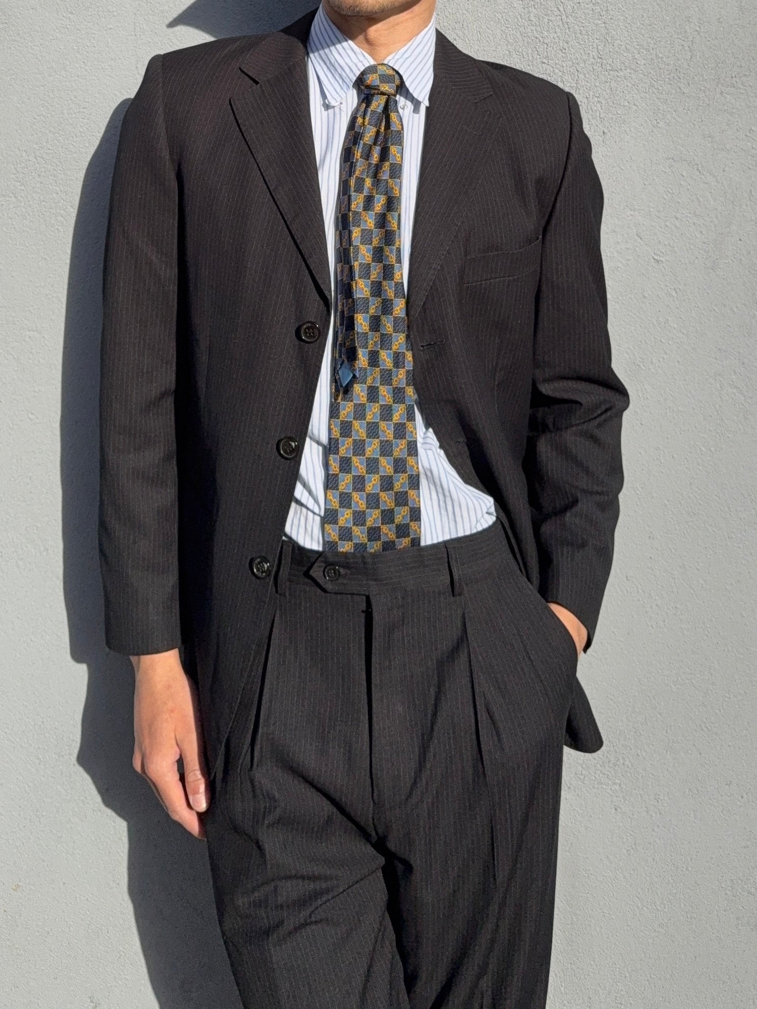 Armani 1990s Pinstriped Pleated Wool Black Suit - Size S Jacket / 30" Waist