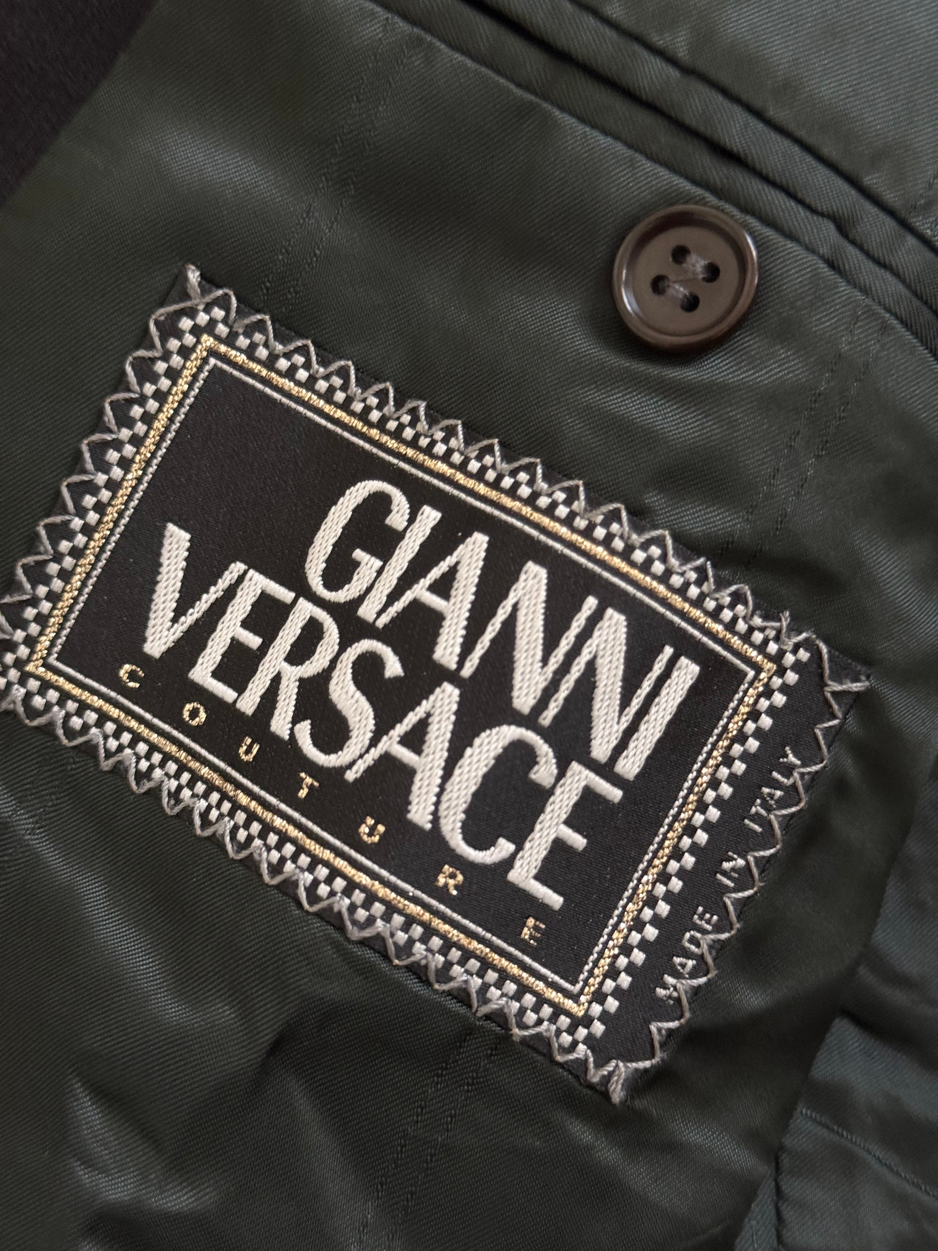 Versace 1980s Notch Lapel Double Breasted Wool Pleated Black Textured Suit - Size M Jacket / 30" Waist
