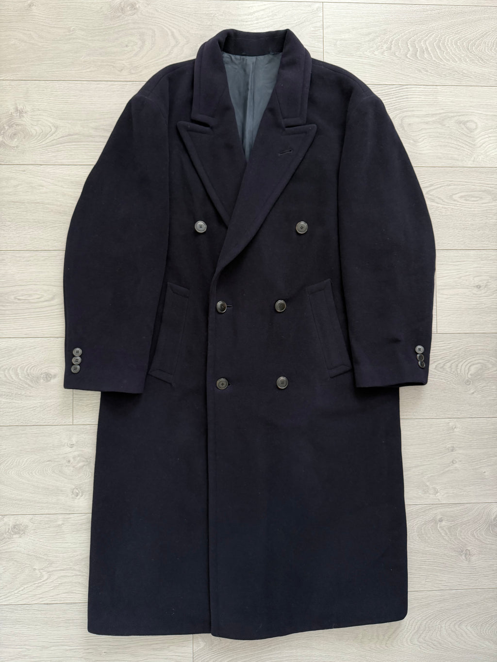 Hugo Boss 1980s 'Yamaha' Peaked Lapel Navy Wool Overcoat - Size XXL