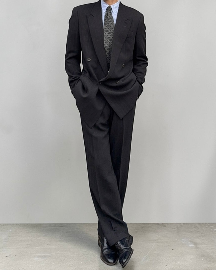 Armani 1990s Double Breasted Pleated Wool Striped Suit - Size M Jacket / 32" Waist