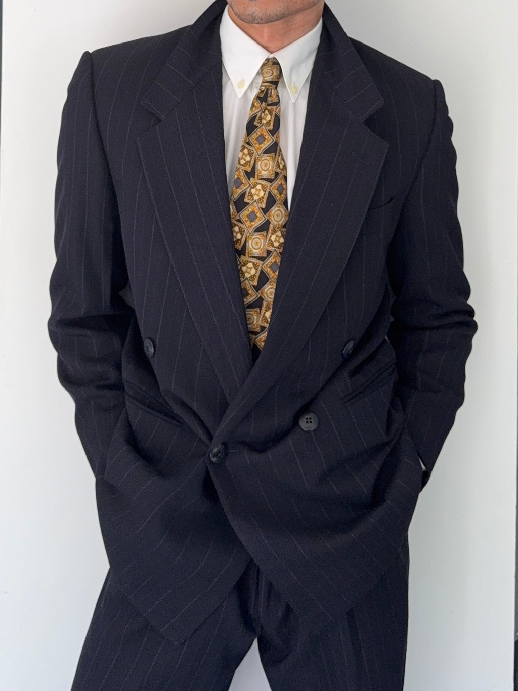 Versace 1980s Notch Lapel Double Breasted Pleated Wool Striped Suit - Size S Jacket / 32" Waist
