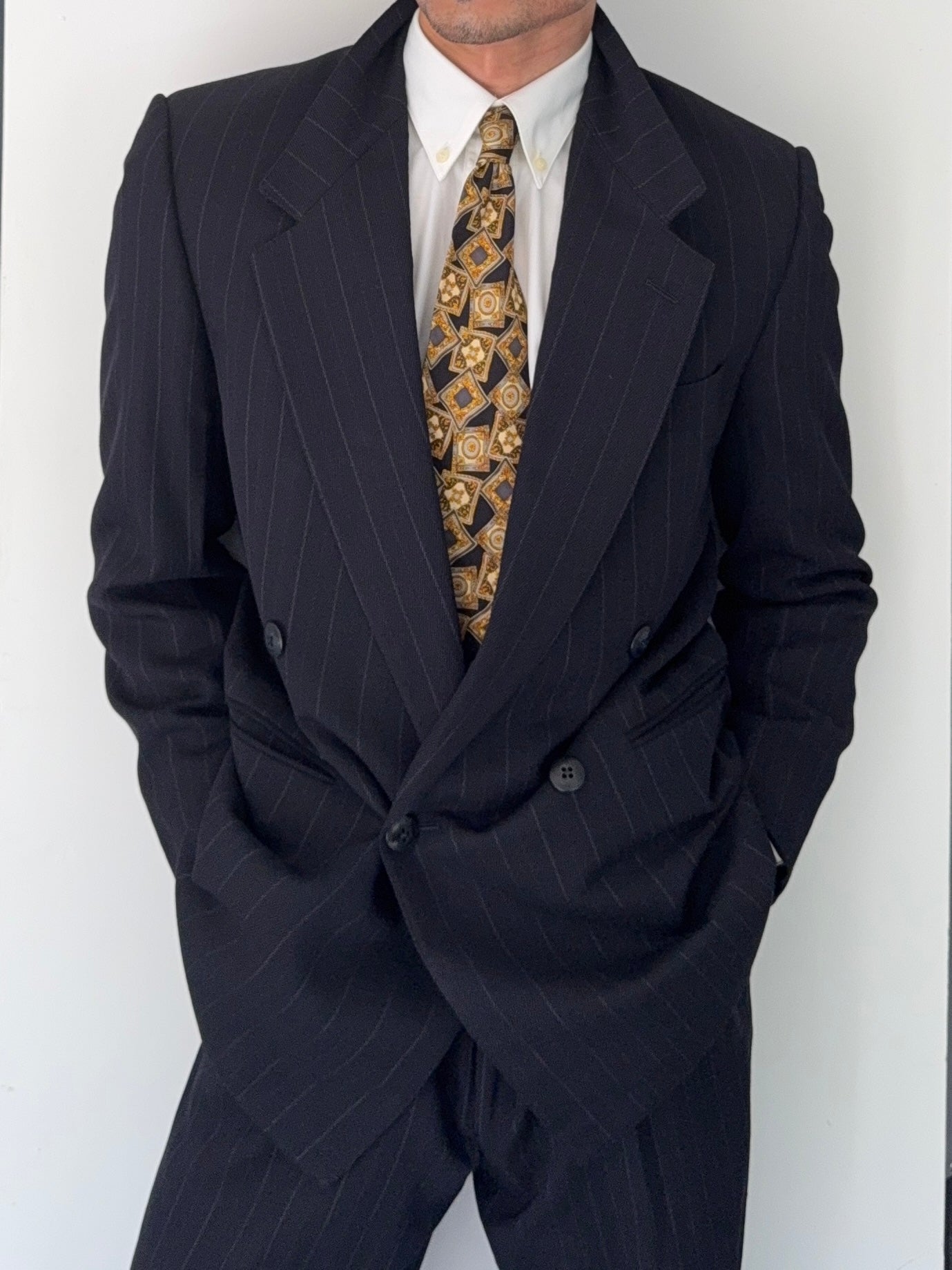 Versace 1980s Notch Lapel Double Breasted Pleated Wool Striped Suit - Size S Jacket / 32" Waist