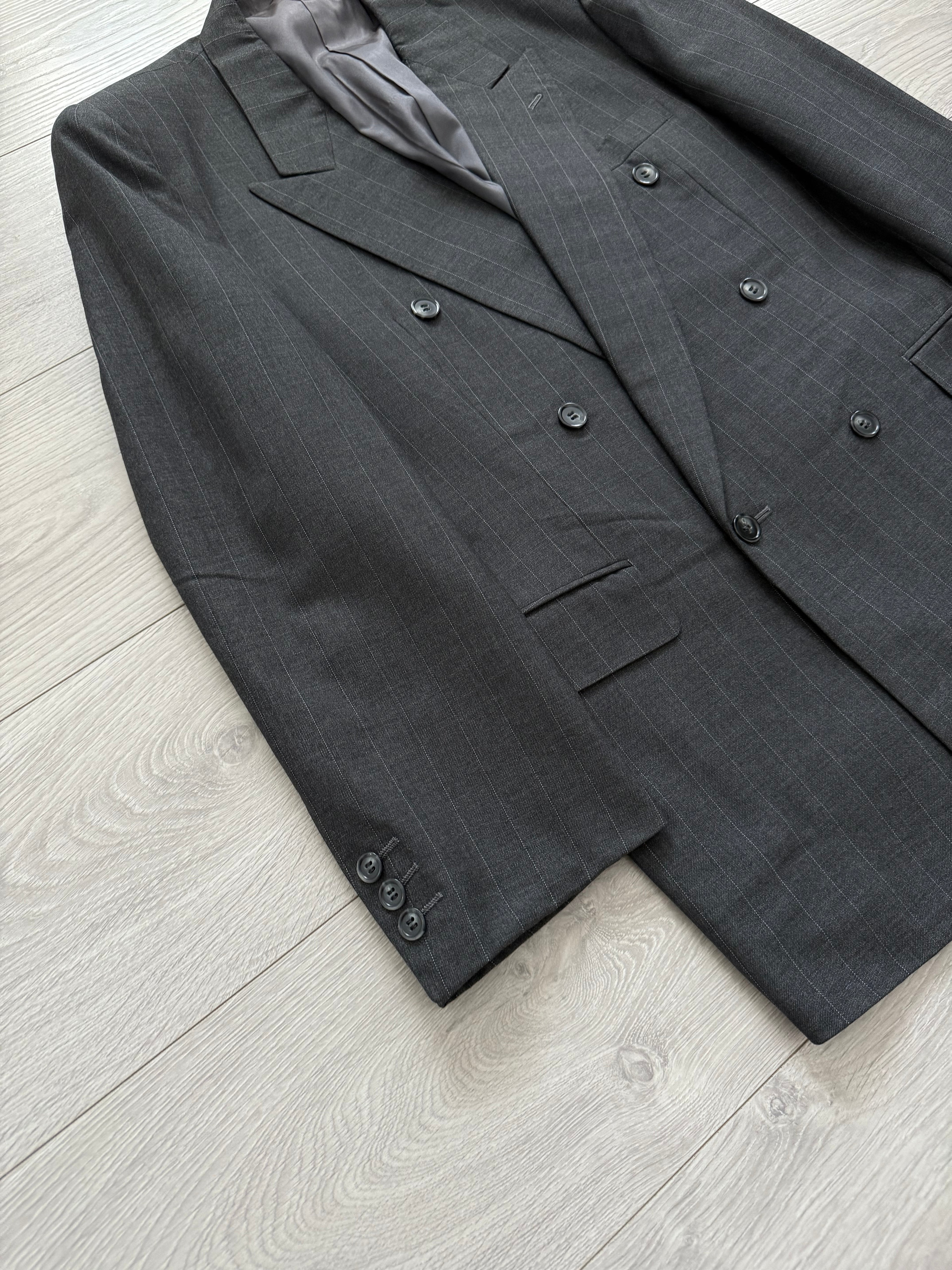 Yves Saint Laurent 1990s Double-Breasted Pleated Striped Grey Wool Suit - Size L Jacket / 32" Waist