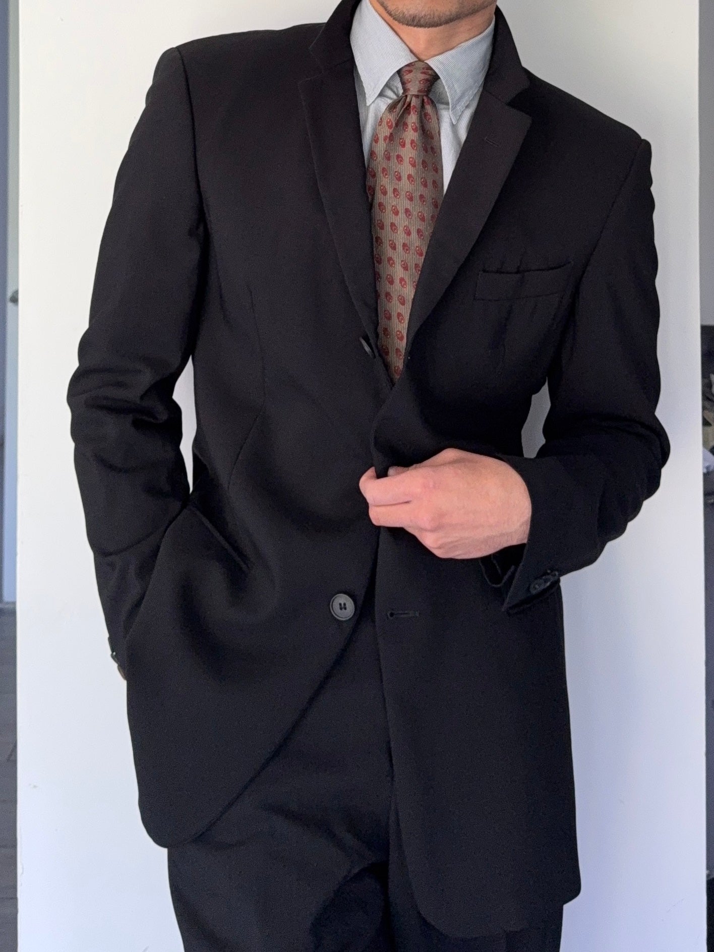 Emporio Armani 1990s 3B Black Pleated Wool Draped Suit - Size L Jacket / 34" Waist