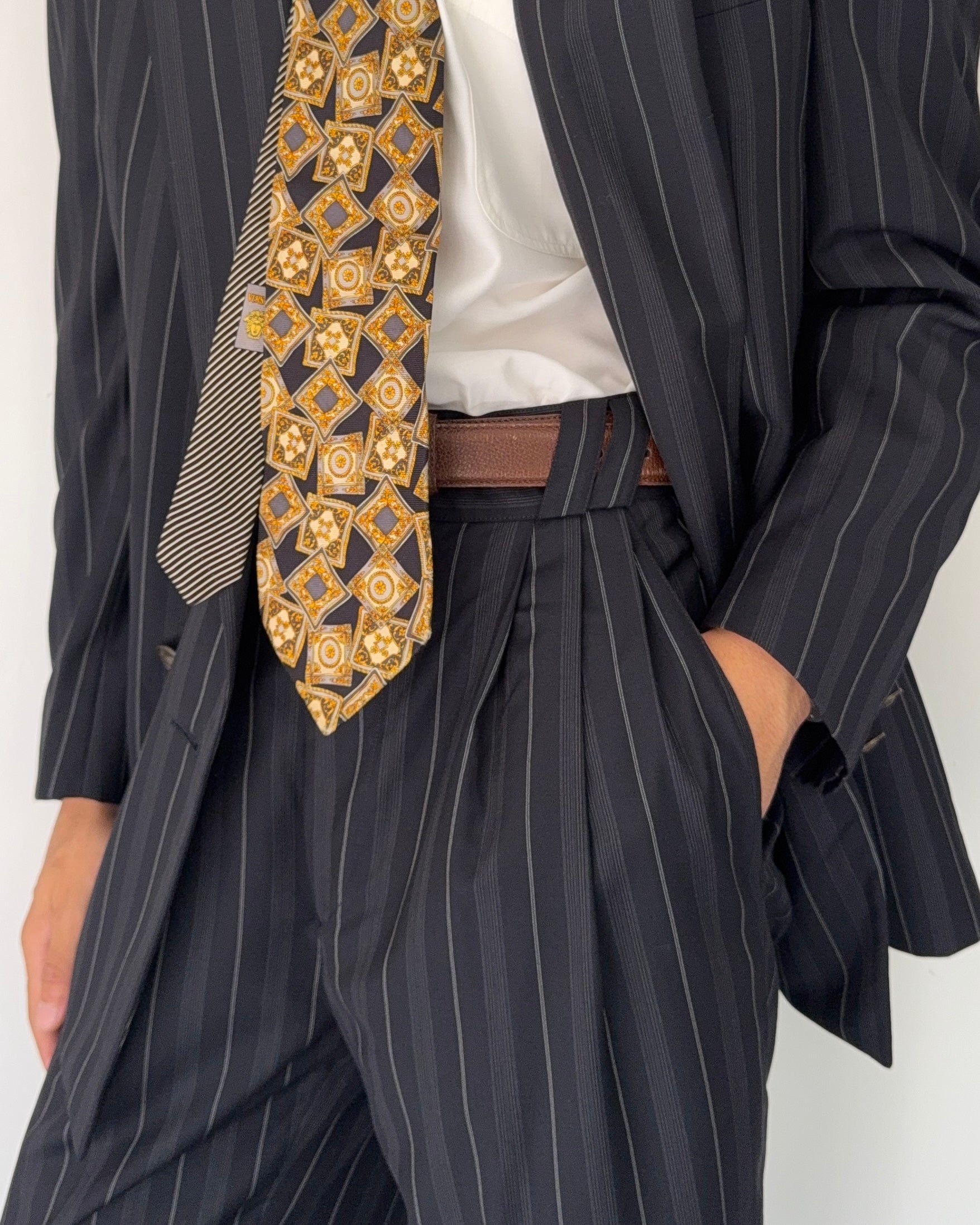 Versace 1980s Metal Button Notch Lapel Double Breasted Pleated Wool Striped Suit - Size S Jacket / 29" Waist
