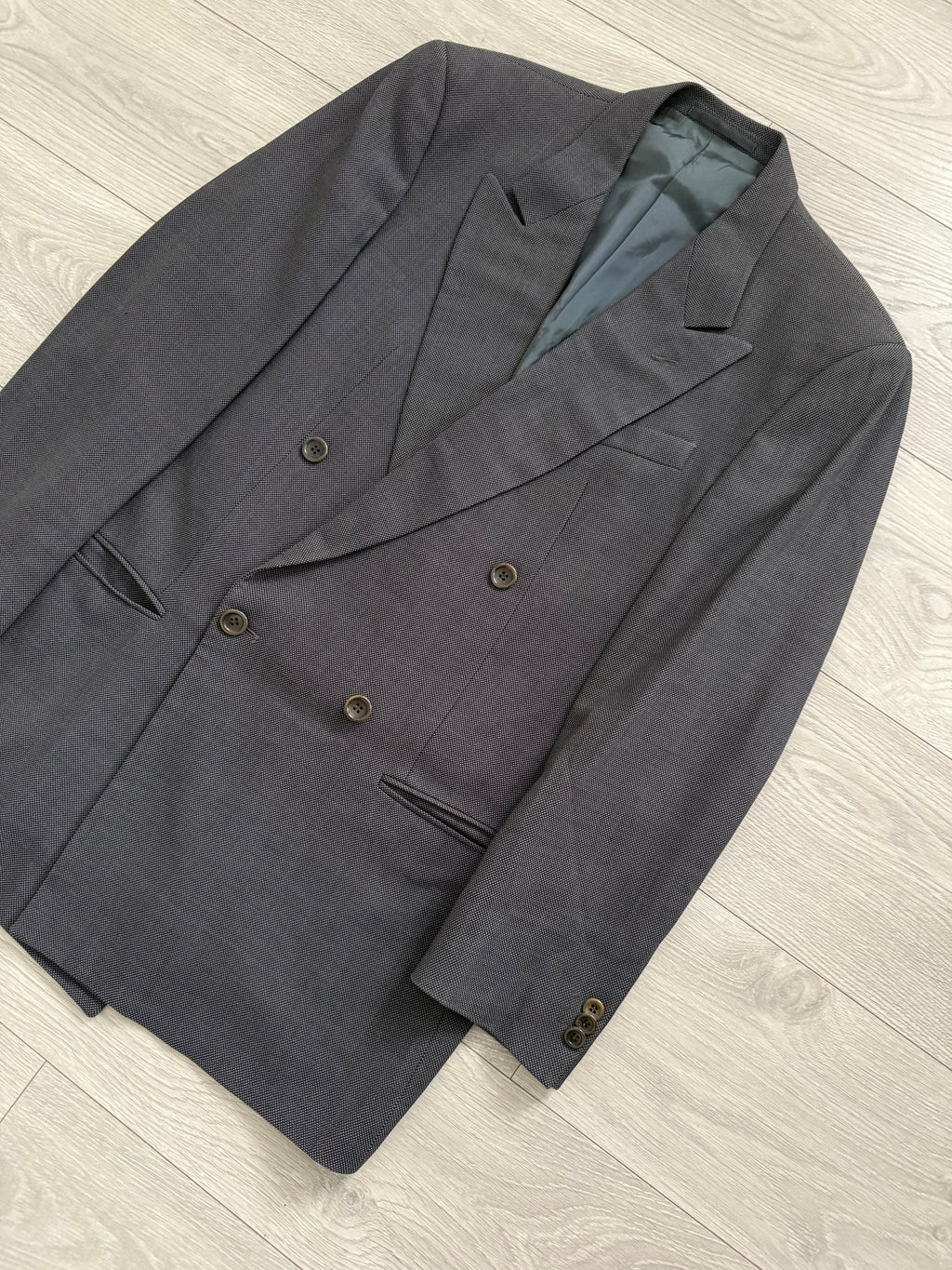 Armani 1990s Peaked Lapel Double Breasted Pleated Wool Grey Suit - Size L Jacket / 34" Waist