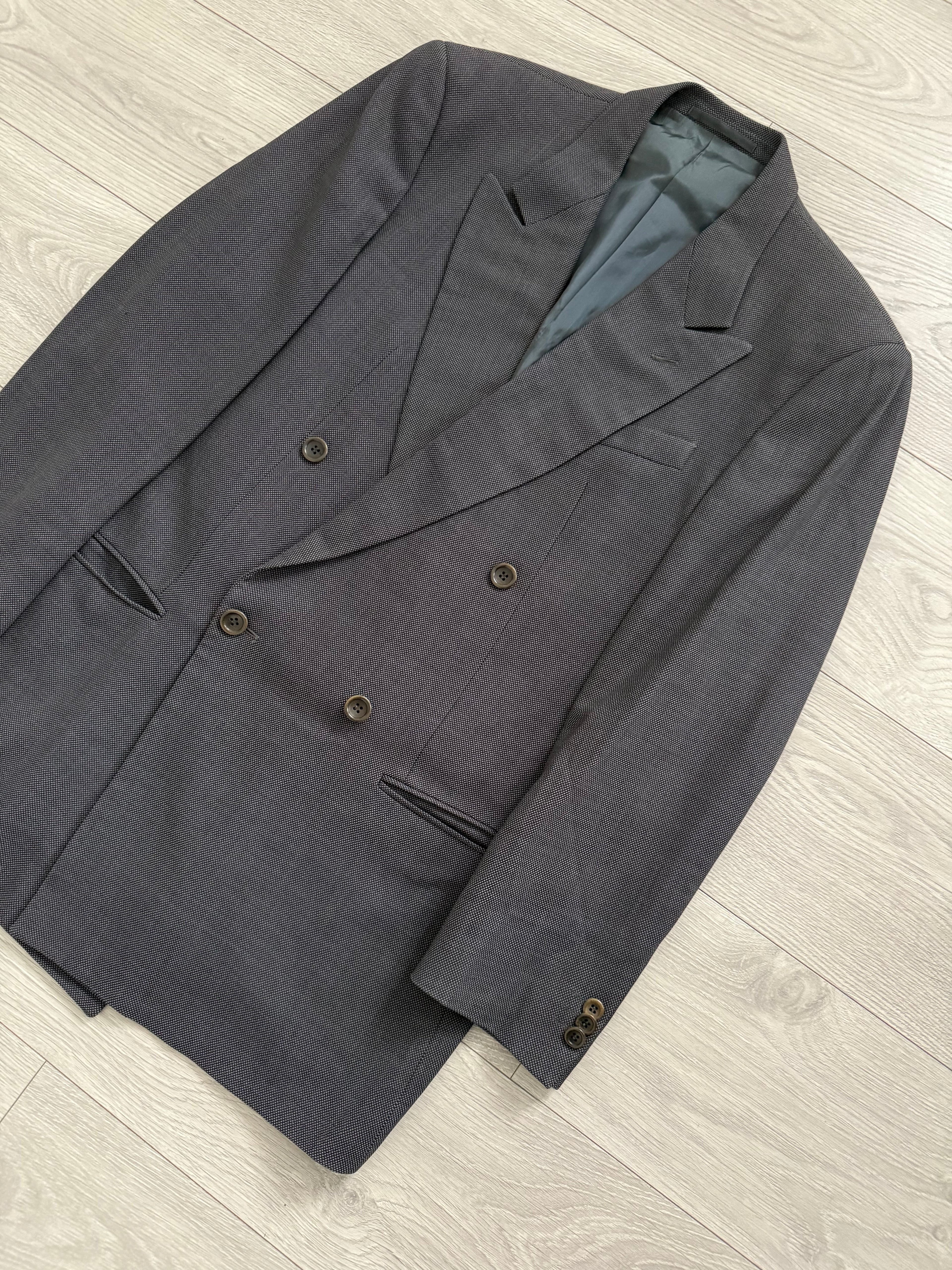 Armani 1990s Peaked Lapel Double Breasted Pleated Wool Grey Suit - Size L Jacket / 34" Waist