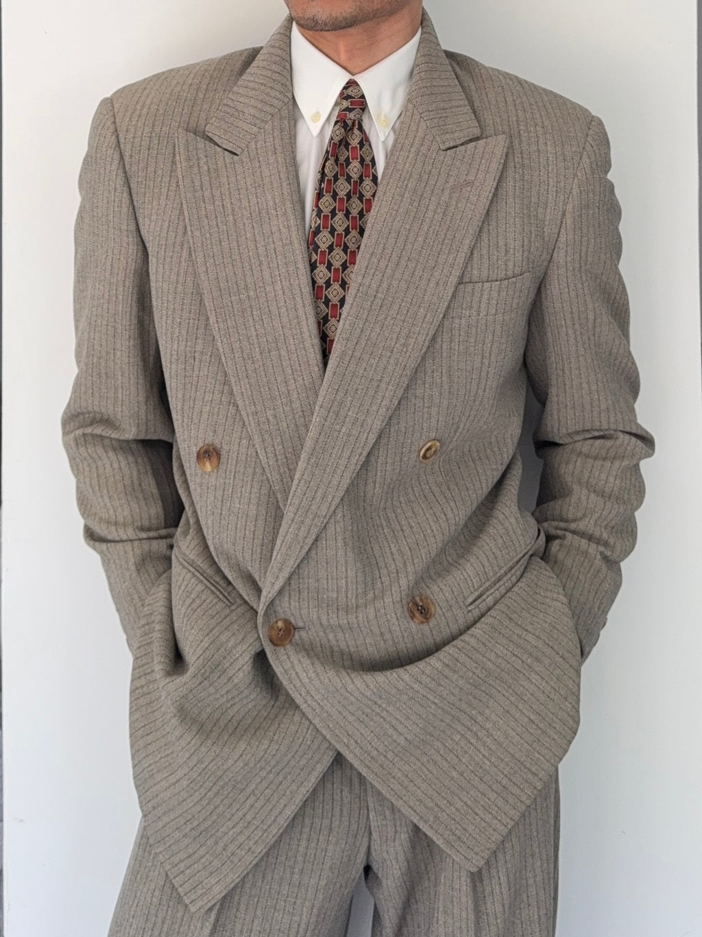 Basile 1980s Torello Viera Fabric Peaked Lapel Double Breasted Pleated Wool Suit - Size M Jacket / 31" Waist
