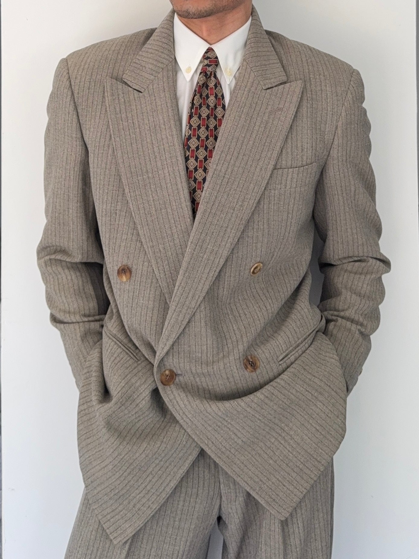 Basile 1980s Torello Viera Fabric Peaked Lapel Double Breasted Pleated Wool Suit - Size M Jacket / 31" Waist