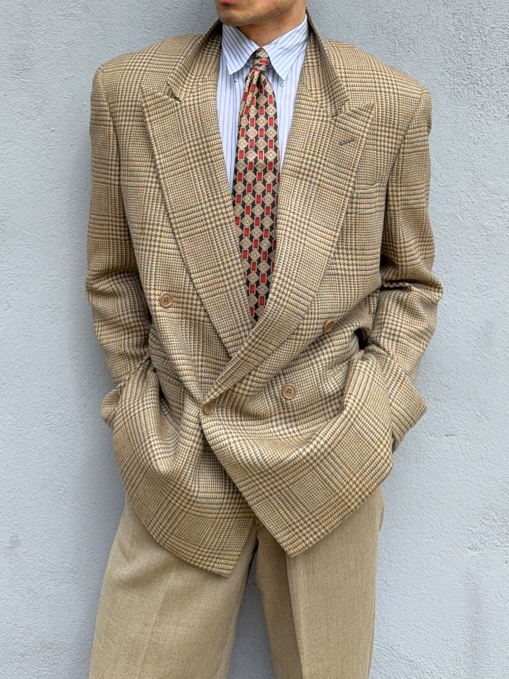 Valentino 1980s Peaked Lapel Double Breasted Textured Wool Sports Blazer Jacket - Size L